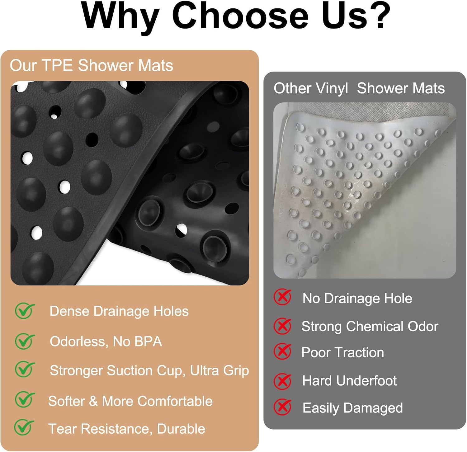 Square Shower Mat Non Slip, 27 x 27 Inch Quick Drain TPE Anti Slip Shower Mats for Inside Shower, Soft Shower Floor Mat with Suction Cups, Quick Drying, Machine Washable