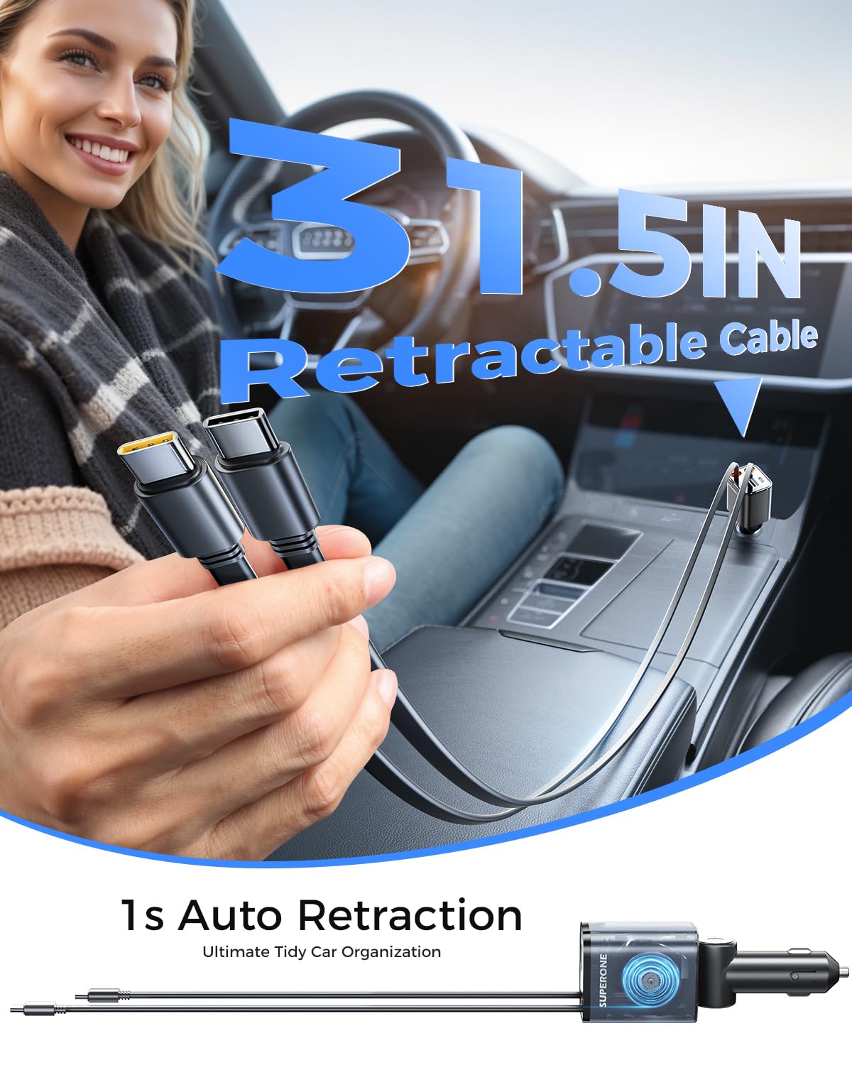SUPERONE Cargador retráctil de coche, ultra compacto, cargador de coche de 6 puertos USB C, cargadores de coche para iPhone, carga rápida con cables USB C duales, accesorios de coche, cargadores de