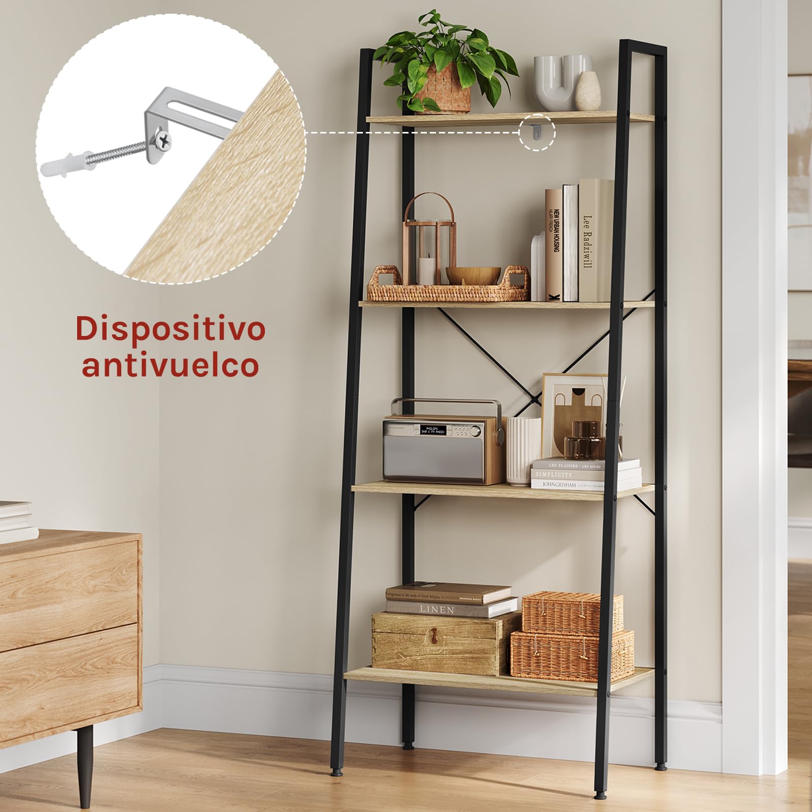 WOLTU Estantería Multiusos Moderna de 4 Niveles Librería para Sala de Esta Escalera de Flores Blanco + Roble Claro RGB9283whe
