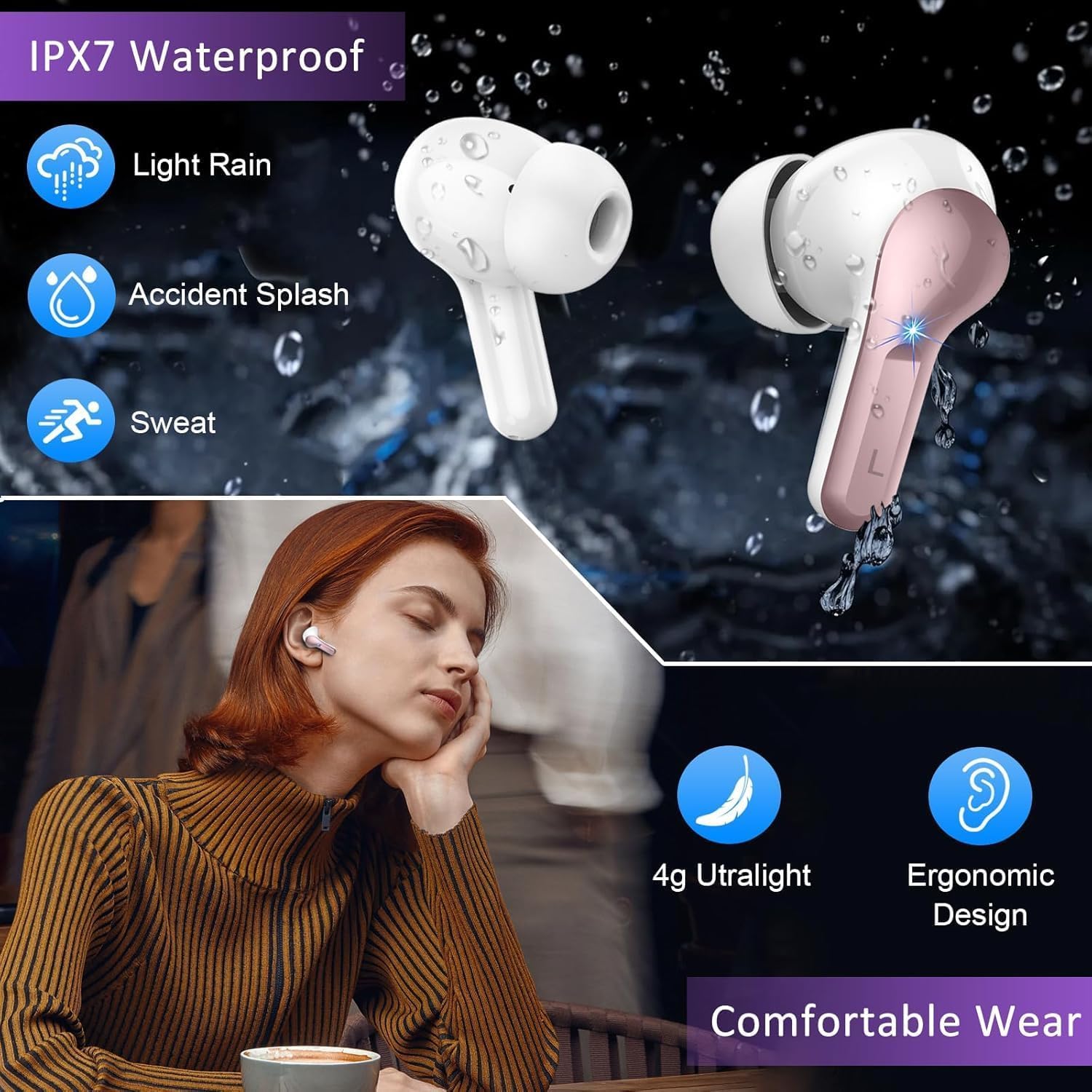 Écouteurs Bluetooth 5.3 Sans Fil, Casque Bluetooth Stéréo Hi-Fi, Oreillette Bluetooth Micro CVC8.0 Anti-Bruit, 48H Autonomie, Auriculaires sans Fil Contrôle Tactile, Étanche IP7 Sport pour iOS/Android