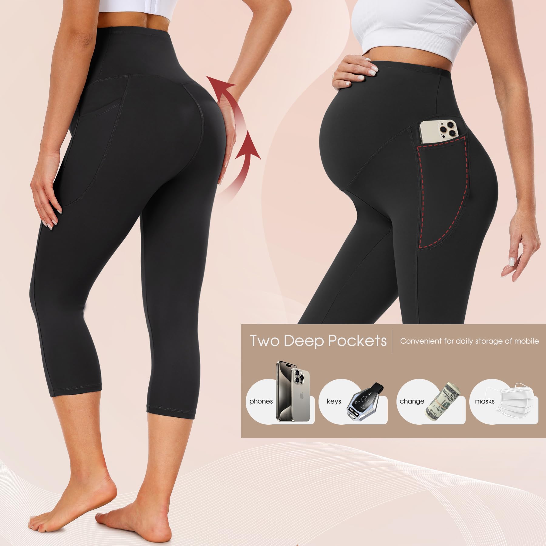 Umstandsleggings für Damen, mit Taschen über dem Bauch, Po, weich, Workout, Schwangerschaft, Yoga, 4 Stück