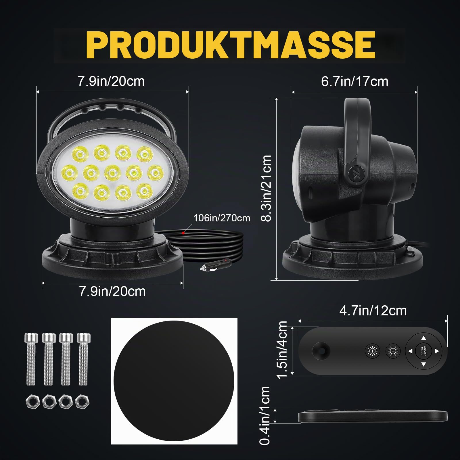 50W LED-Suchscheinwerfer mit Fernbedienung, 360° Drehbares LED-Arbeitsscheinwerfer, Starke eingebaute Magnete, Helligkeit einstellbar, 12V 24V Scheinwerfer für LKW Boote Jagd