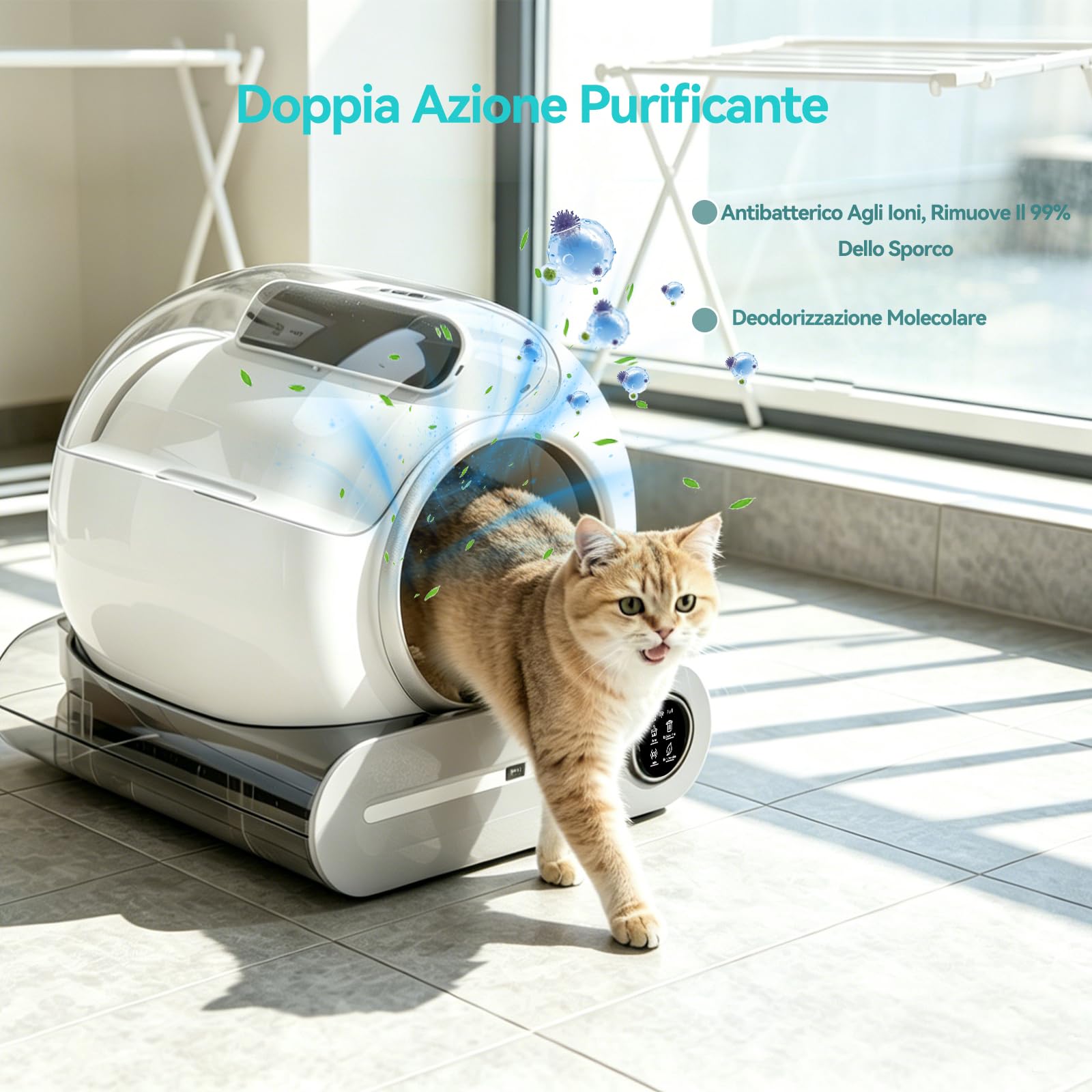 Lettiere Autopulenti Gatti 74L con 2 Filtri e 6 Rotoli Sacchetti | Deodorante Ionico, Smart Health Monitor, Comando APP con tappetino Adatte Alle Famiglie con Più Gatti