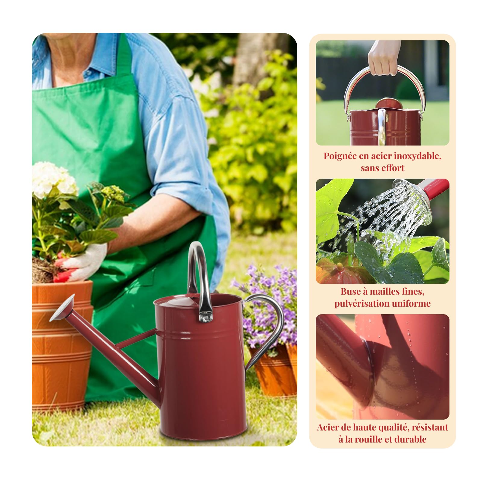 F Fityle Arrosoir 5L Grande Capacité pour Plantes, Arrosoir Jardin Professionnel avec Tête Détachable Étanche, Poignée Ergonomique en Acier Inoxydable, pour Plantes d'Intérieur et d'Extérieur, Rouge