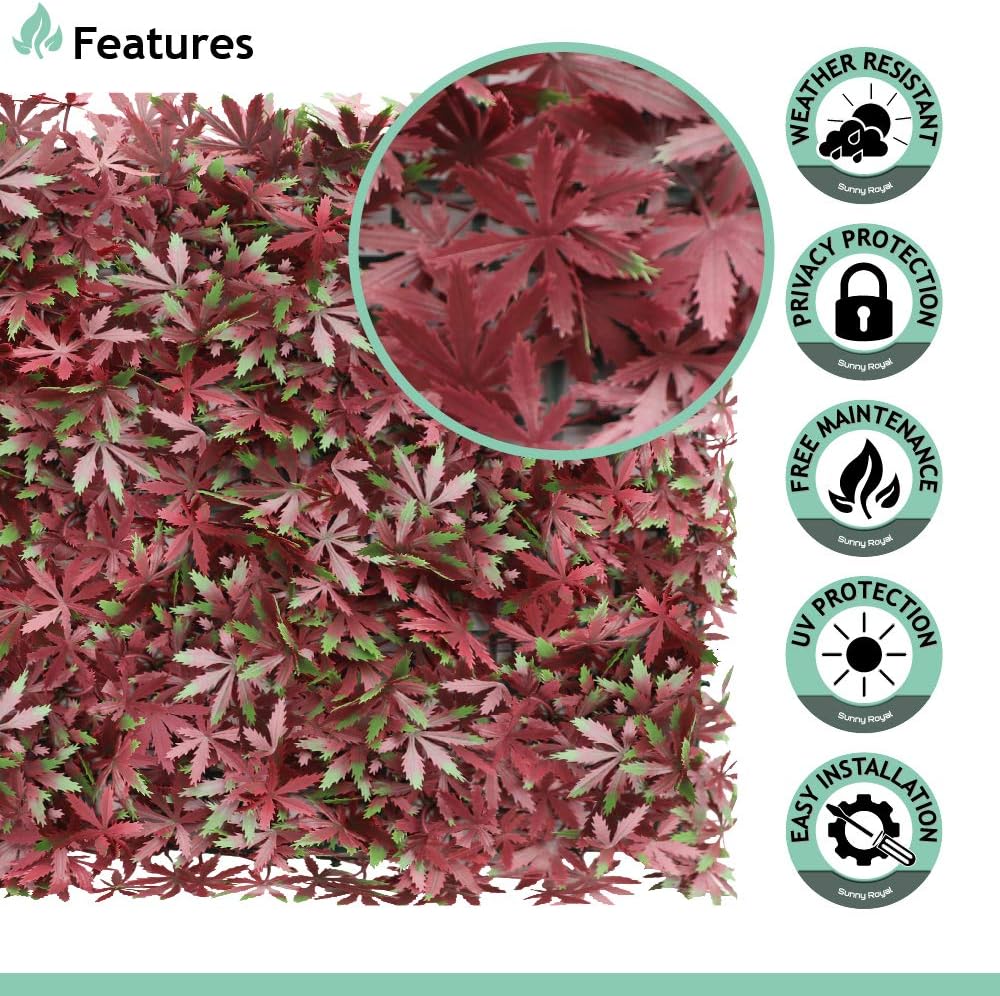 SunnyRoyal 6 Pcs 20"x20" Artificial Boxwood Panels Grass Wall Greenery Backdrop Decor Privacy Hedge Fence Screen for Outdoor Indoor Backyard Garden Decoration, Maple Red