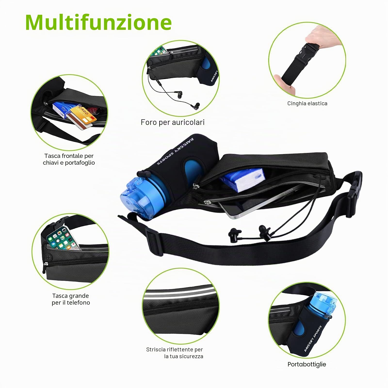 Marsupio Sportivo Running Cintura da Corsa Impermeabile con Portaborraccia Uomo Donna per Escursionismo Corsa Ciclismo Arrampicata Telefoni 6.9 Pollici