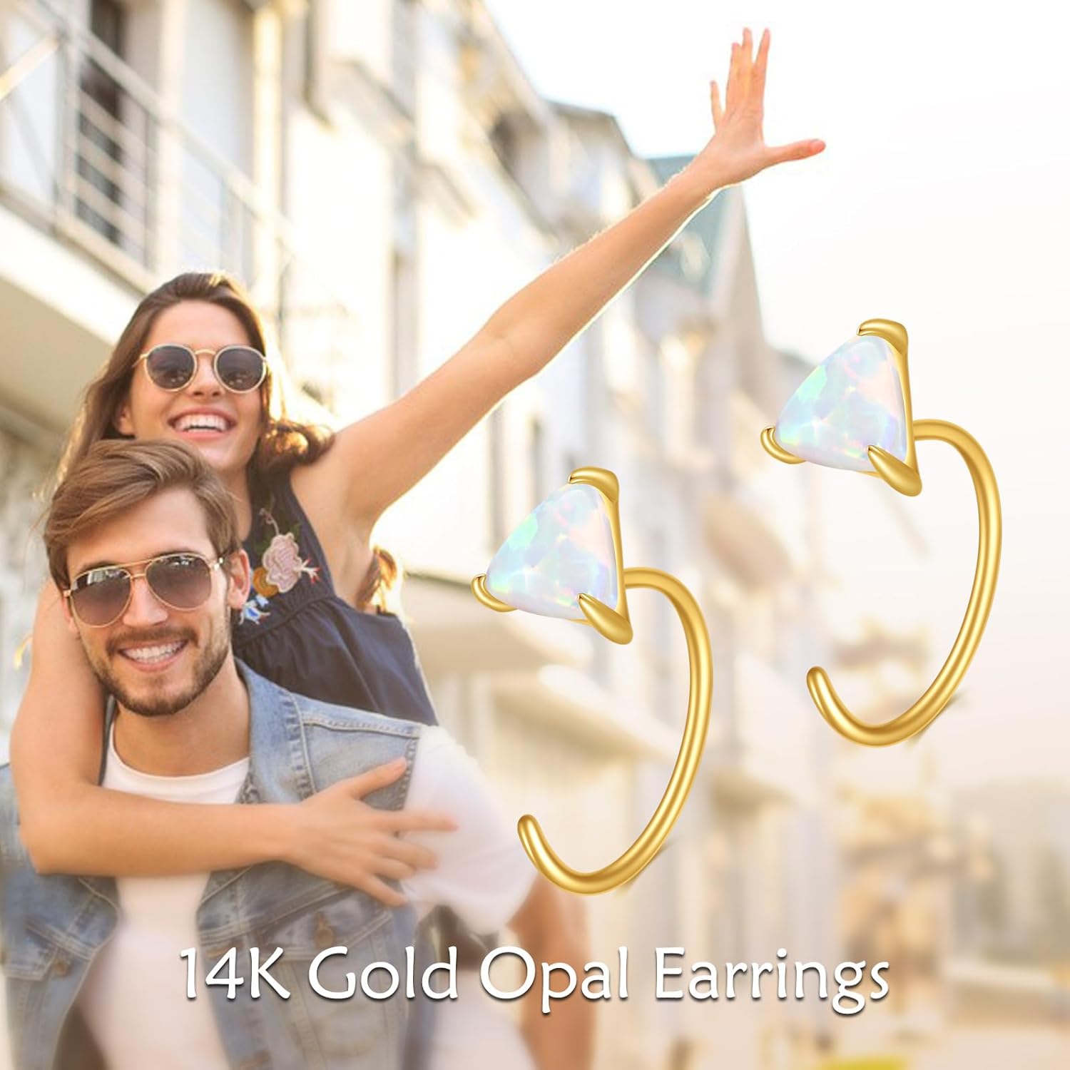 DOVRAN 14K Gold Opal Earrings for Women Real Solid Yellow Gold Triangle Hoop Hypoallergenic Jewelry Gifts for Her - Image 6