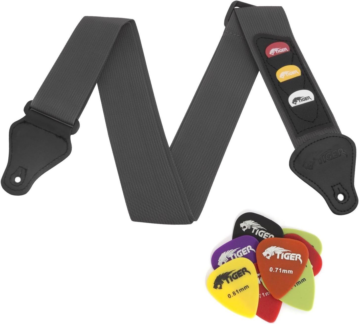 Tiger Grey Guitar Strap and 12 Free Picks, 4/4