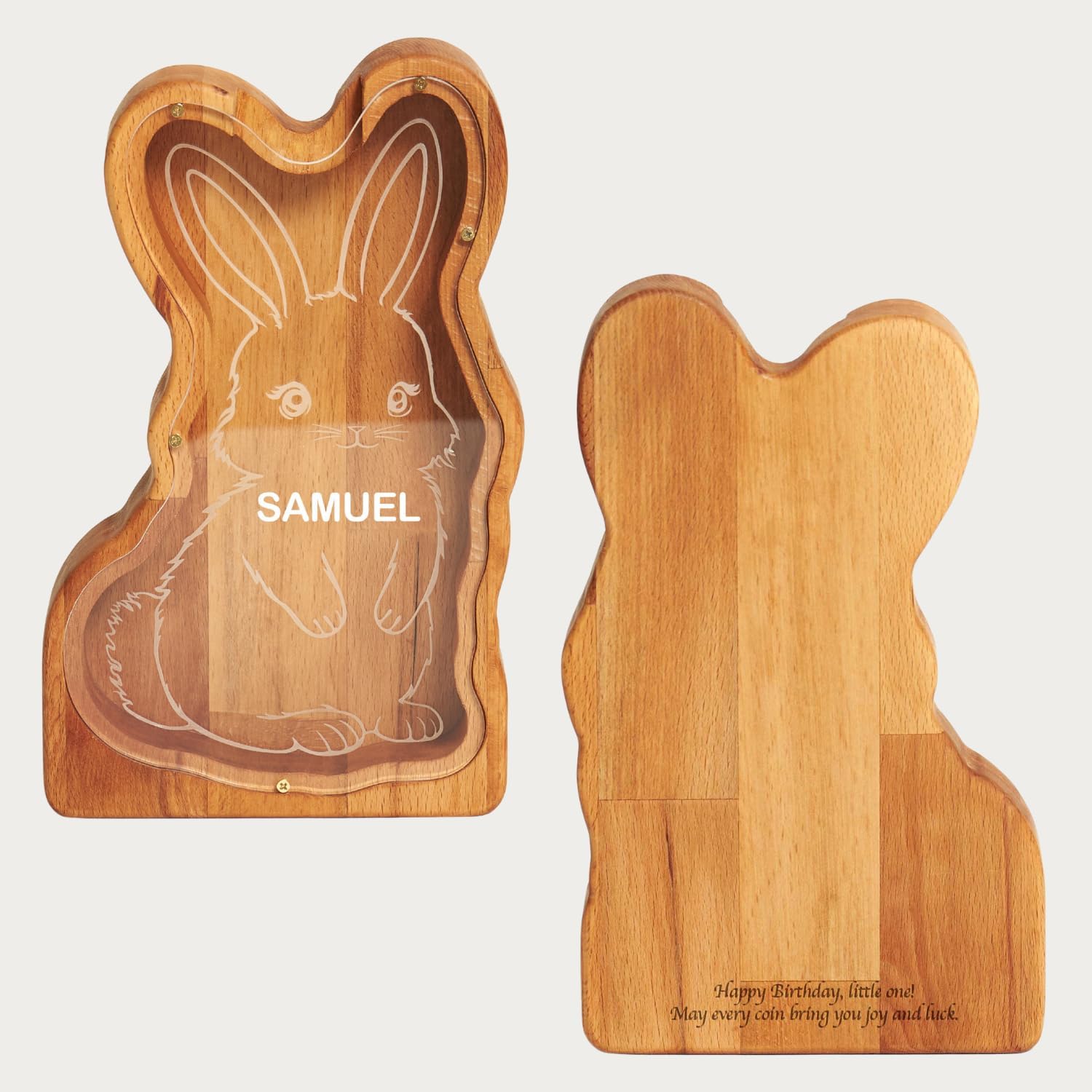 Coin Bank – Bunny – Personalized Wooden Piggy Bank with Acrylic Window – Beech Wood Coin Holder for Kids – Nursery Decor & Easter