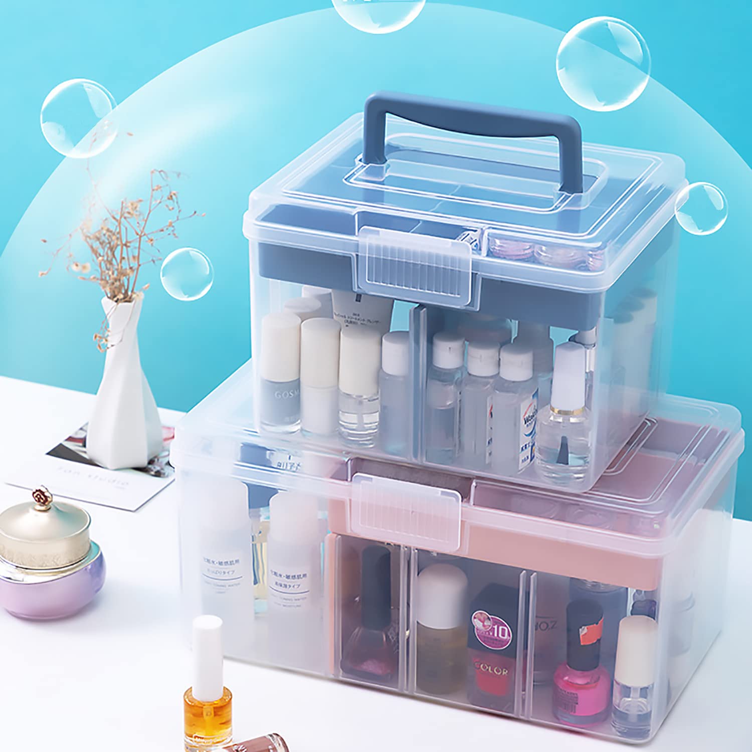 Caja de almacenamiento pequeña de plástico transparente con asa y una bandeja extraíble y divisor ajustable, caja de arte para niños, estudiantes, niños, organizador de escritorio, caja de