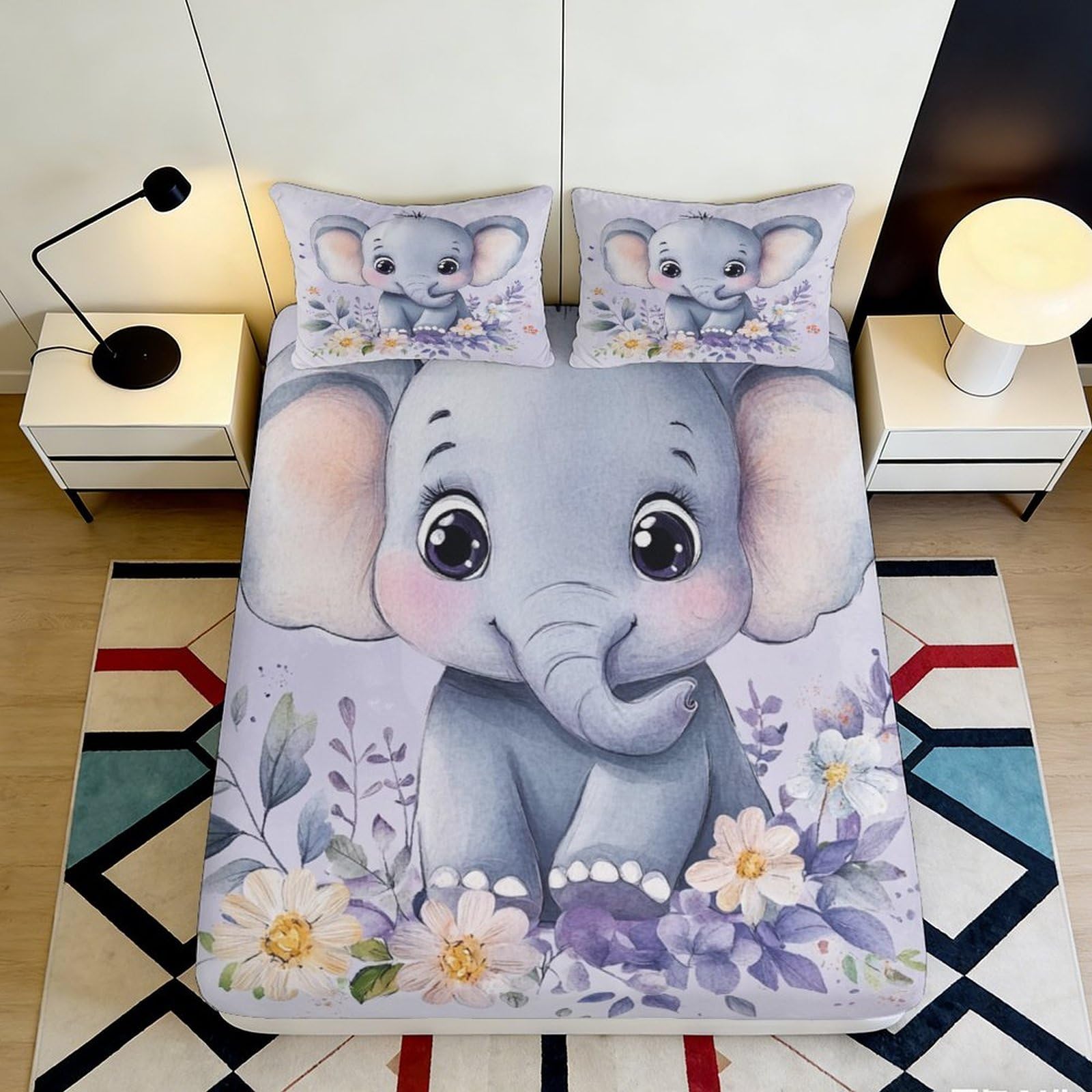 Jqzkxnhpbr Style-4 3D Printed Cartoon Elephant Fitted Sheet Microfiber Soft Anti-Slip Flower Bed Sheet For Bedroom Guest Dorm Mattress Protection Decor 90X200x25cm