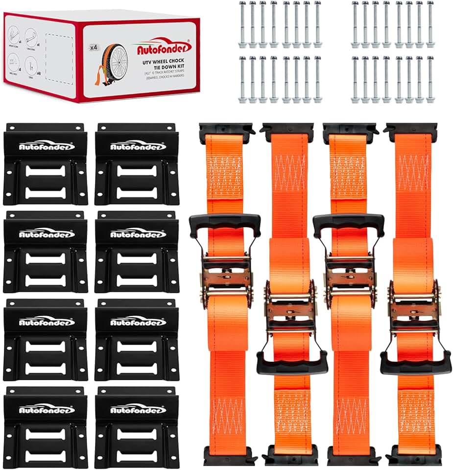 Wheel Chock Tie Down Kit (4500lb Break Strength) Heavy Duty Trailer Tire Straps System for ATV, UTV, Lawn Mower &amp; More - Ratchet Tie Downs Accessories with E Track for Four Wheeler