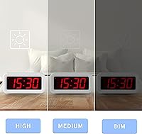 Vista 3 de Reloj despertador, reloj digital, modo nocturno automático, brillo LED de 3 niveles, funciona con pilas, 12/24 horas, pantalla de dígitos rojos