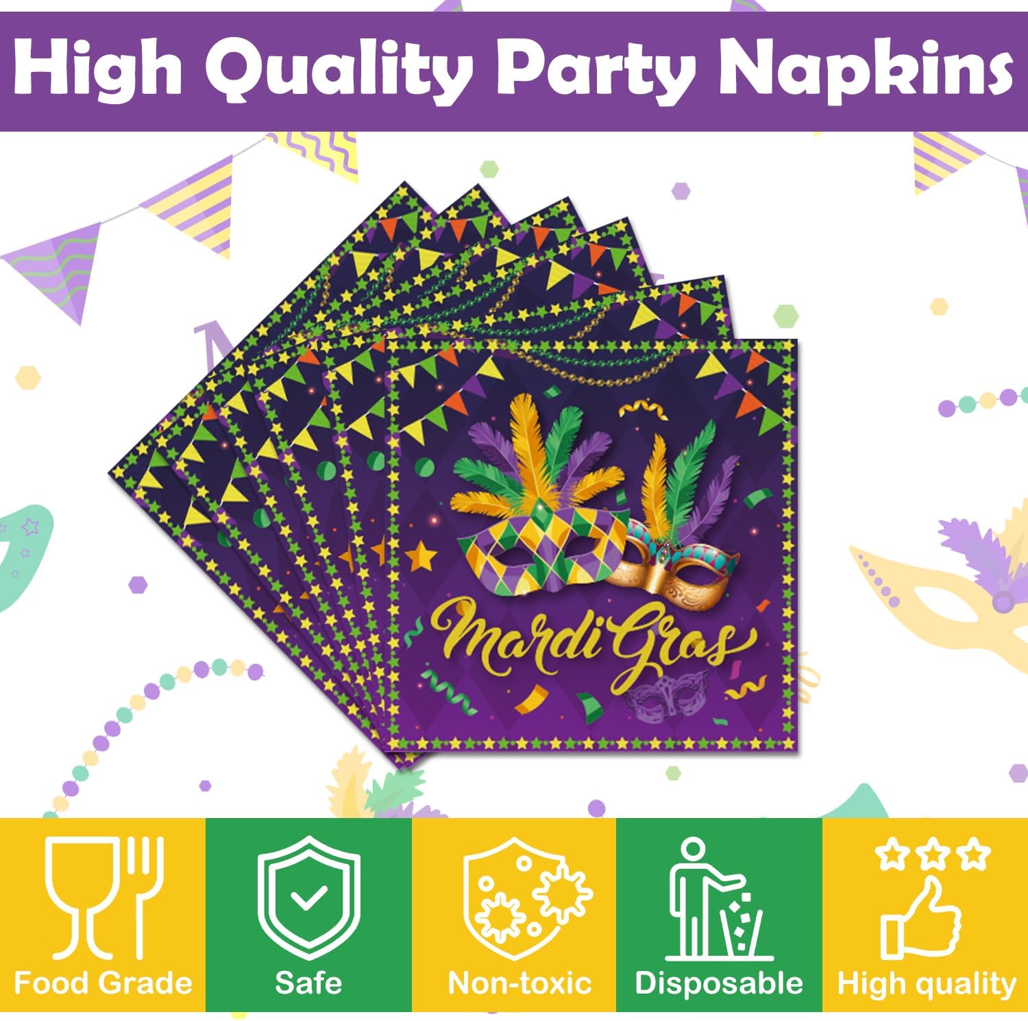 100PCS Mardi Grass Napkins 6.5" x 6.5" Mardi Gra s Party Decorations New Orleans Mask Napkins Carnival Masquerade Party Decorations Mardi Grass Party Supplies
