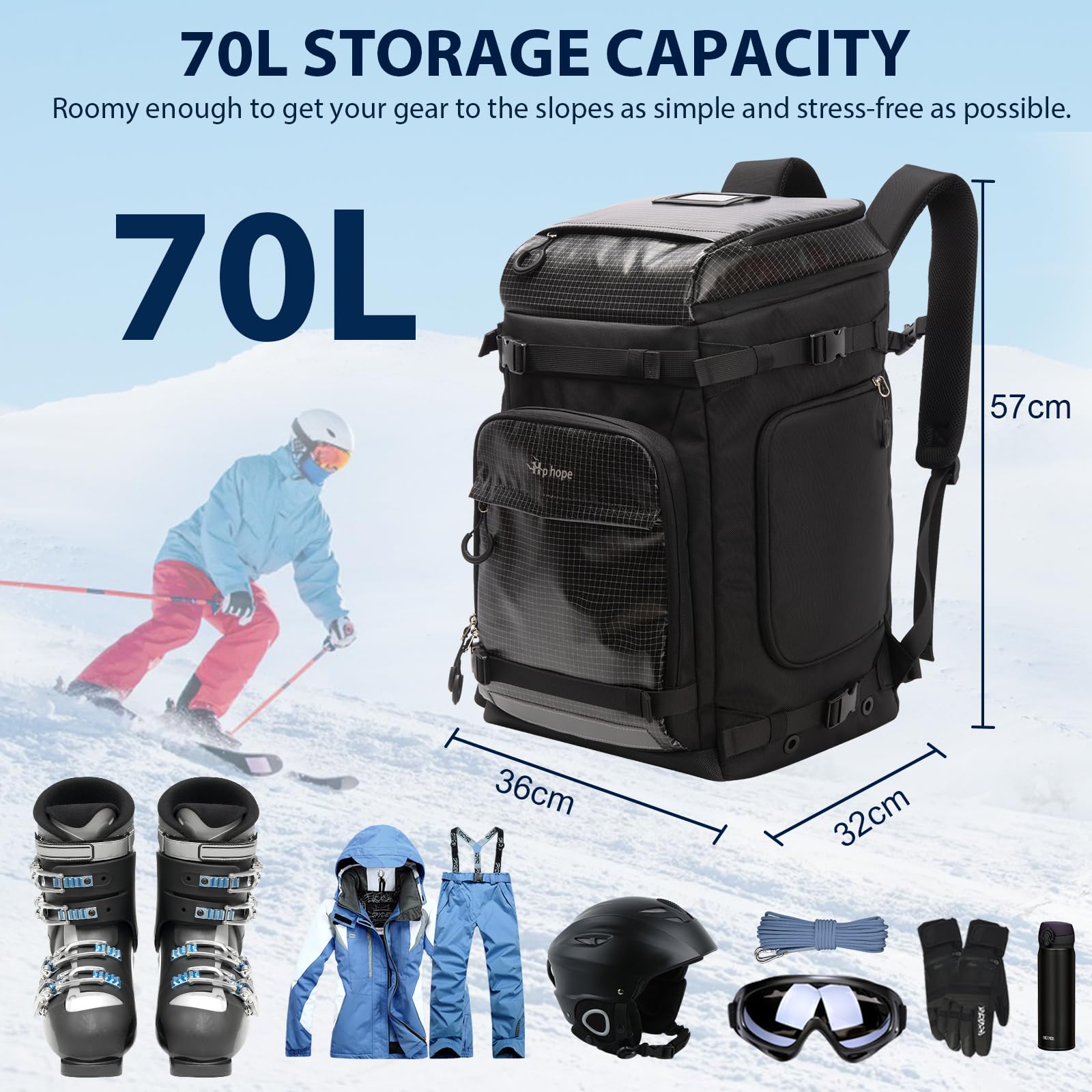 Hp hope Skischuhtasche mit Helmfach Skisack Skirucksack mit Helmtasche Skitasche Schlittschuhtasche für Skihelm Skistiefel Schlittschuhe Snowboard Rucksack Wandern Camping Beigsteigen 70L