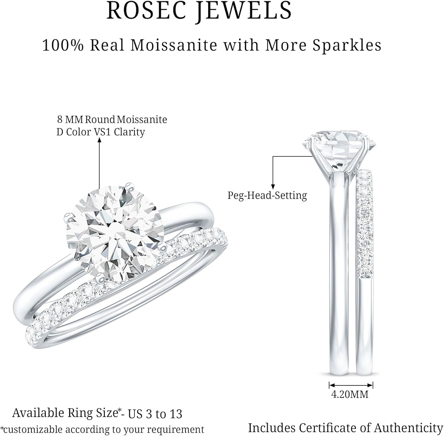 Certified 2.6Ct Moissanite Engagement Ring With Band, D-Vs1 Quality, Moissanite Bridal Ring Set - Mothers Day Gift