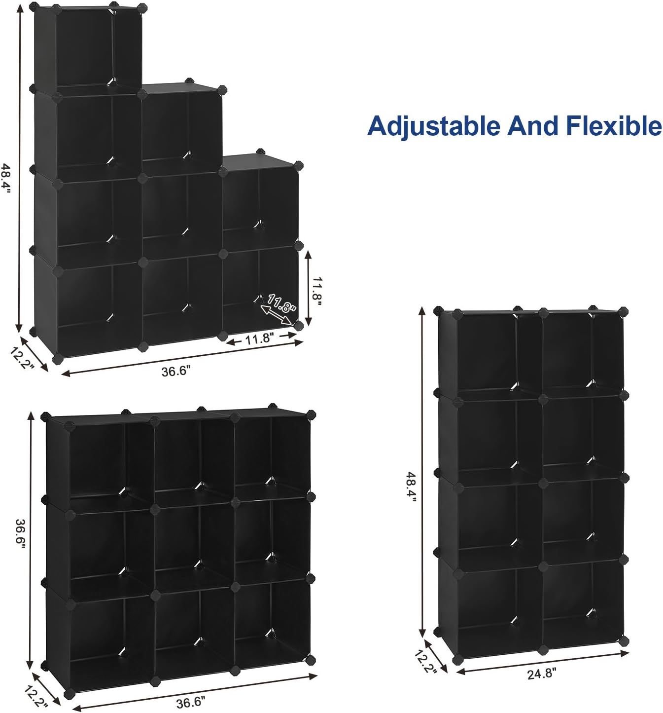 SONGMICS Cube Storage Organizer, 9-Cube BookShelf, DIY Plastic Closet Cabinet, Modular Bookcase, Storage Shelving for Bedroom, Living Room, Office, 36.6"L x 12.2"W x 48.4"H Black