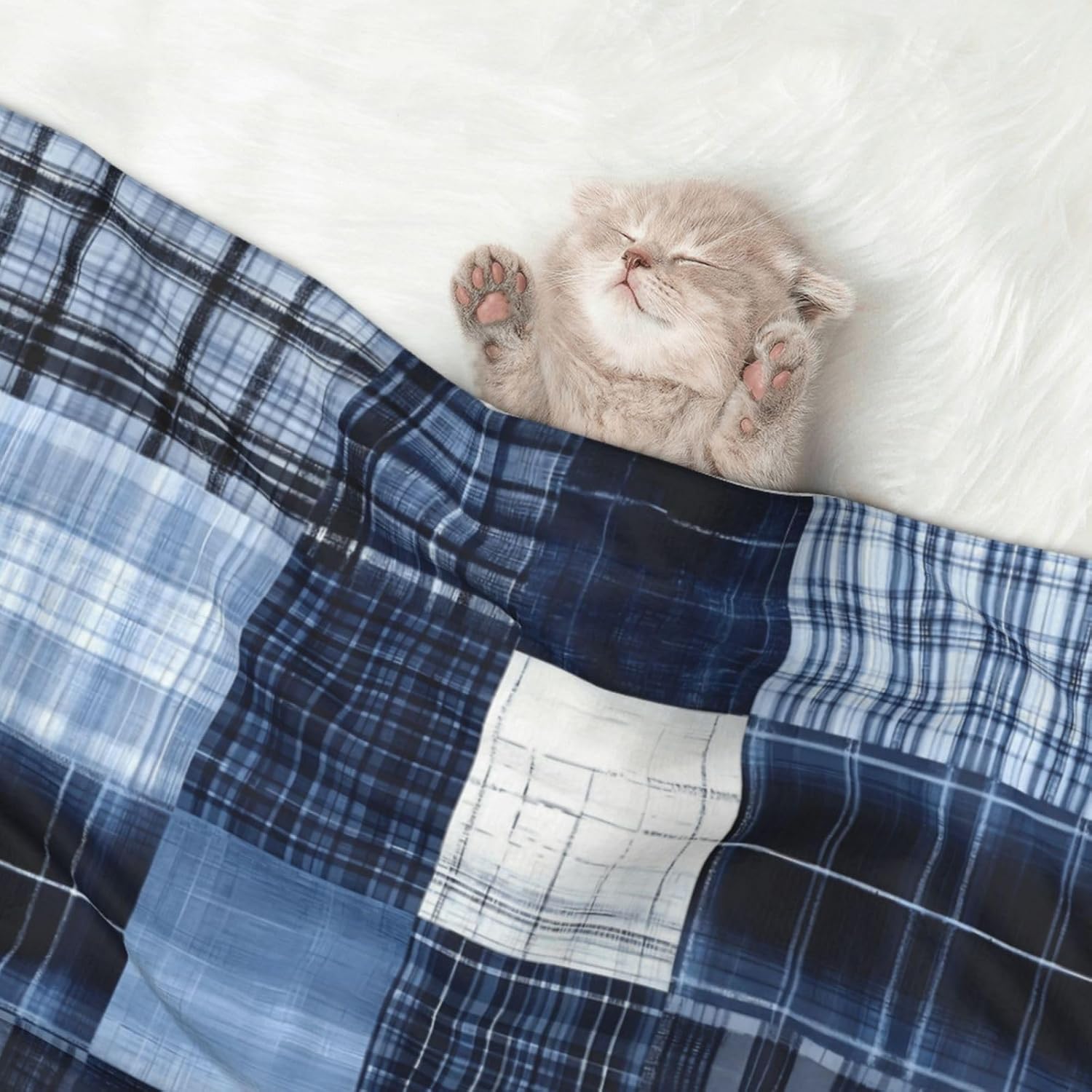 Indigo Patchwork Quilt Print Soft Plush Pet Blanket, Washable Dog Blanket, Cat Fleece Throw, Puppy Bed Crate Mat & Sofa Couch Protector - Large