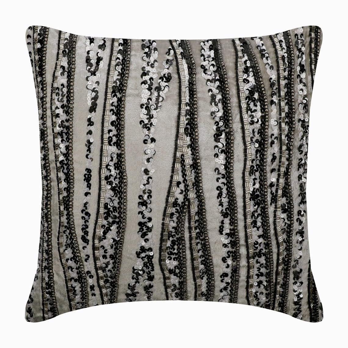 The HomeCentric Decorative Grey & Silver Pack of 2, 45x45 cm (18x18 inch) (18"x18") Cushion Covers, Velvet Beaded & Sequins Cushion Covers, Abstract Pattern Modern Style - Underground Stripe โ image 1