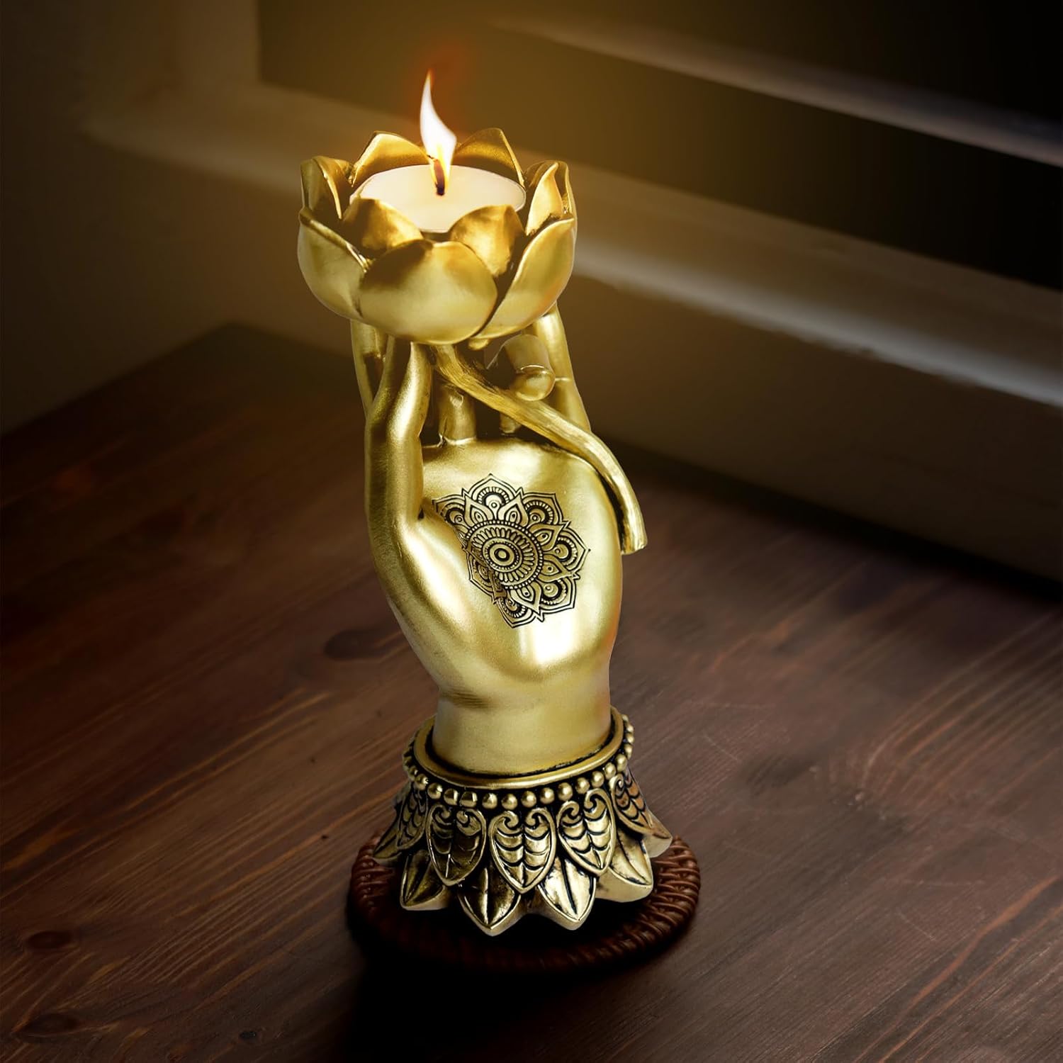 Pigort Lotus Tealight Candle Holder Meditation Decor Zen Statue for Home Table Self Office Living Room Bedroom Polyresin Home Decor Gold (Lotus in Hand)
