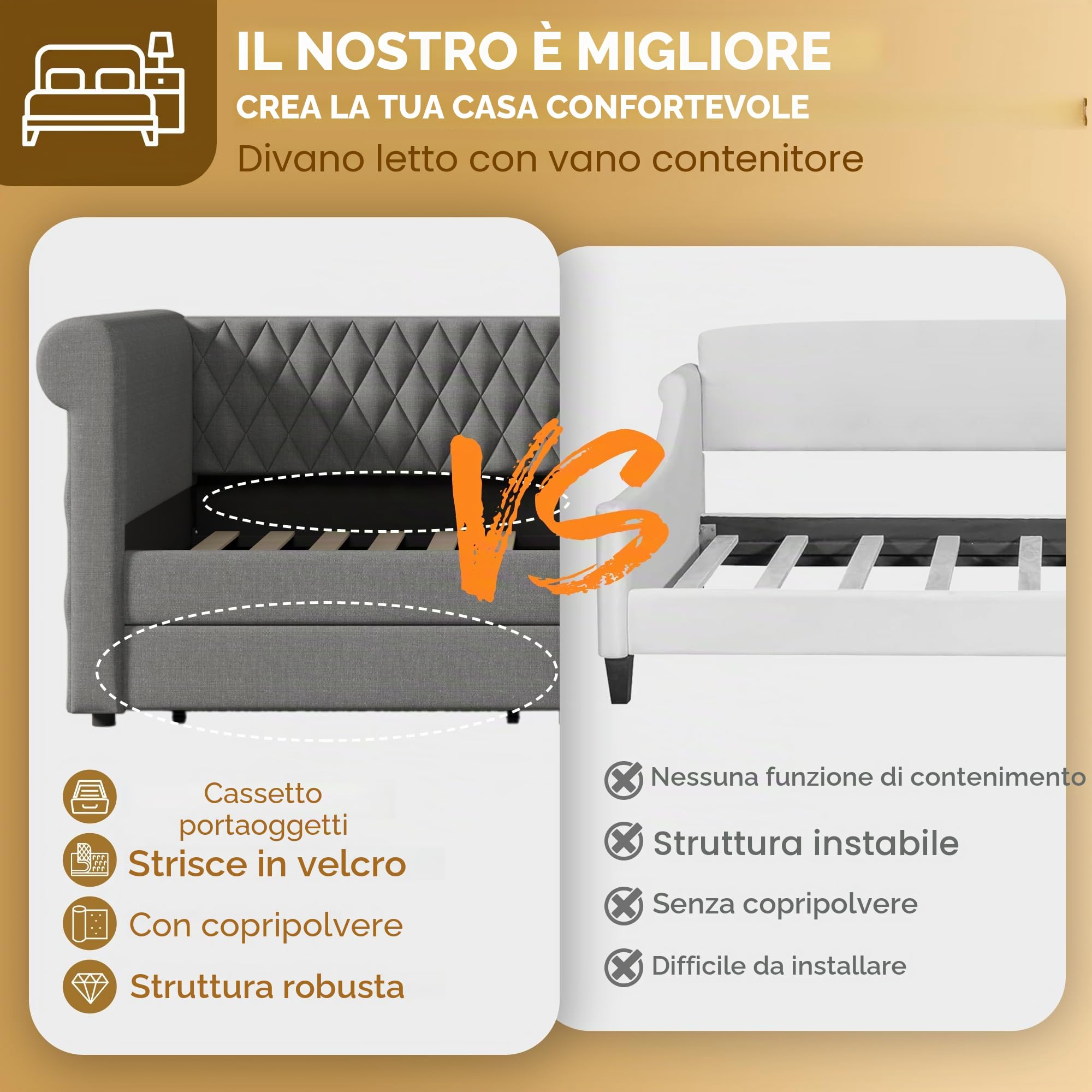 Soweiz Testiera vintage letto imbottito divano letto, divano letto letto singolo con 2 cassetti portaoggetti, letto per bambini letto per giovani telaio del letto con rete a doghe in legno, lino