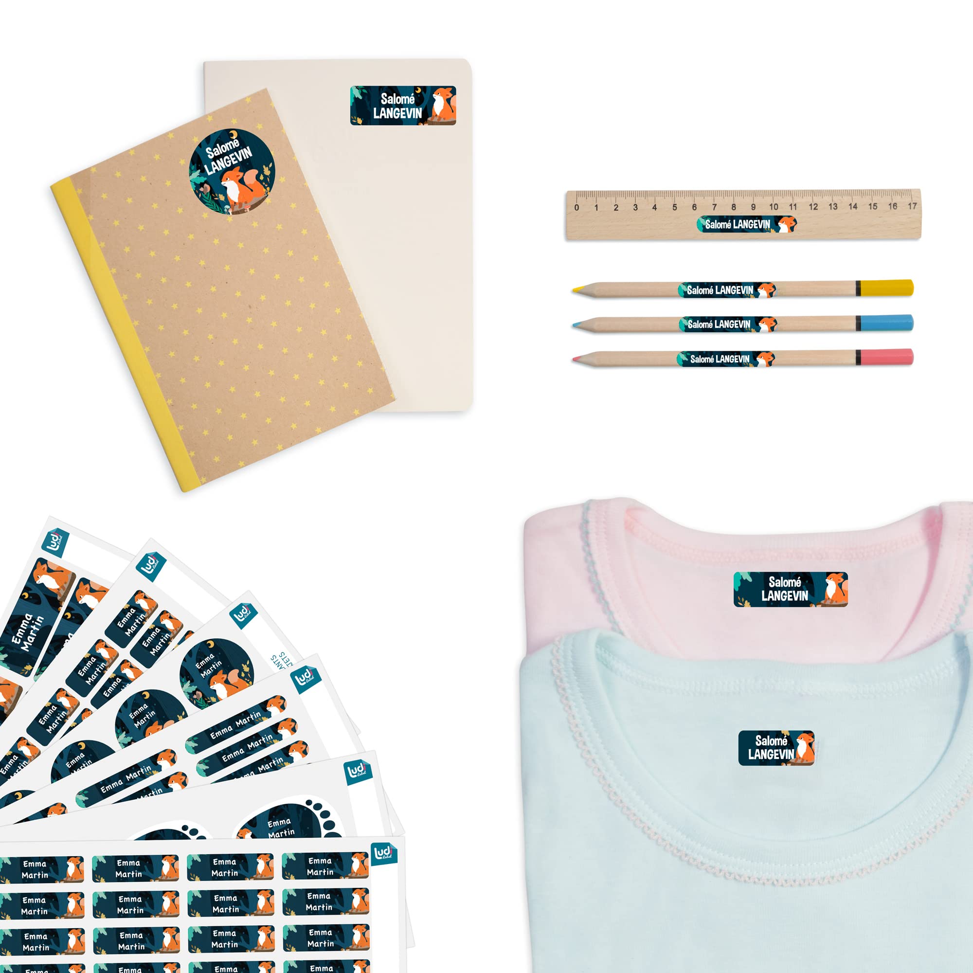 212 Étiquettes École - Personnalisées pour Vêtements et Objets - Autocollantes et Thermocollantes (Renard)