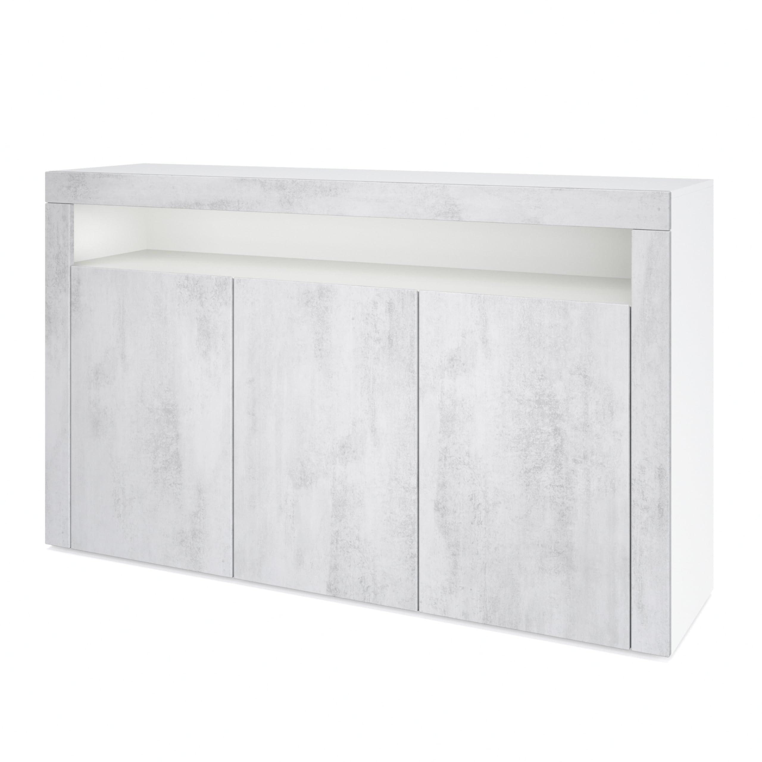 Vladon Buffet Valencia, Commode avec 3 Portes et 1 Compartiment Ouvert, Blanc Mat/Aspect béton oxyde/Aspect béton oxyde (155 x 92 x 40 cm)