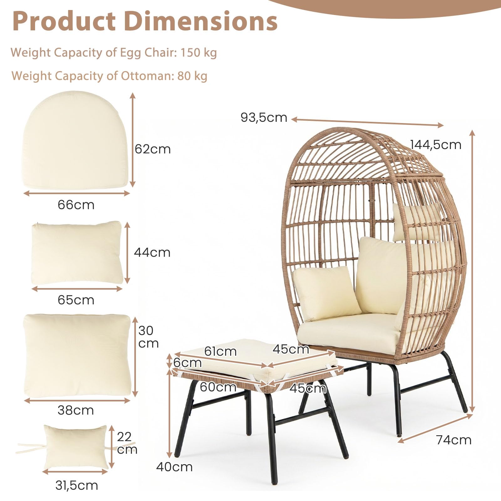 LIFEZEAL Sedia per uova in rattan, con cuscino, in rattan, a forma di uovo con telaio in metallo, per terrazza, cortile, soggiorno (con sgabello, marrone)