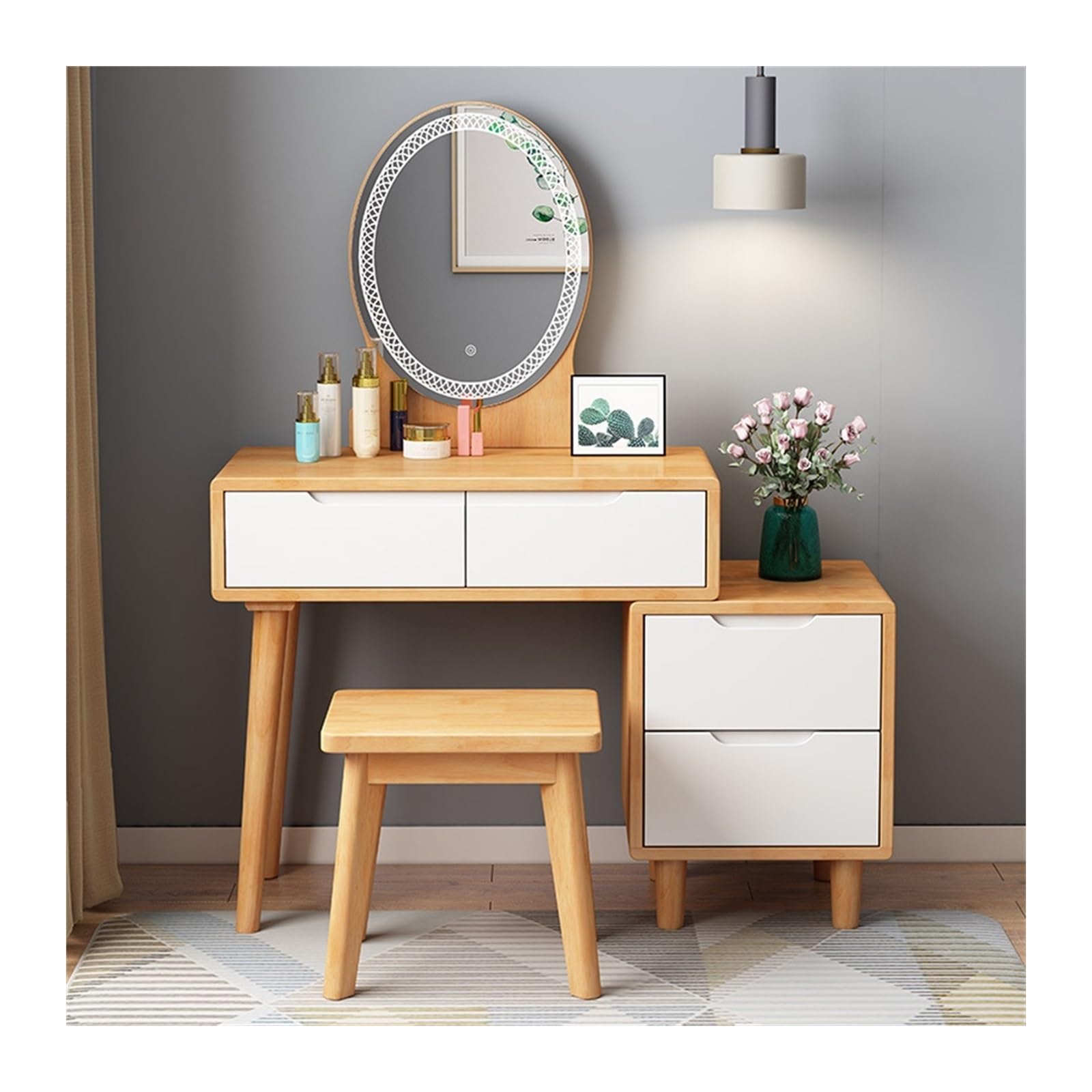 CGCSYZ Vanity Desk Vanity Desk With Mirror and Lights, Modern Wooden Vanity Makeup Table and Stool Set with 4 Drawers, Dressing Table Set for Bedroom Makeup Dressing Table (Wood+white L 80cm)