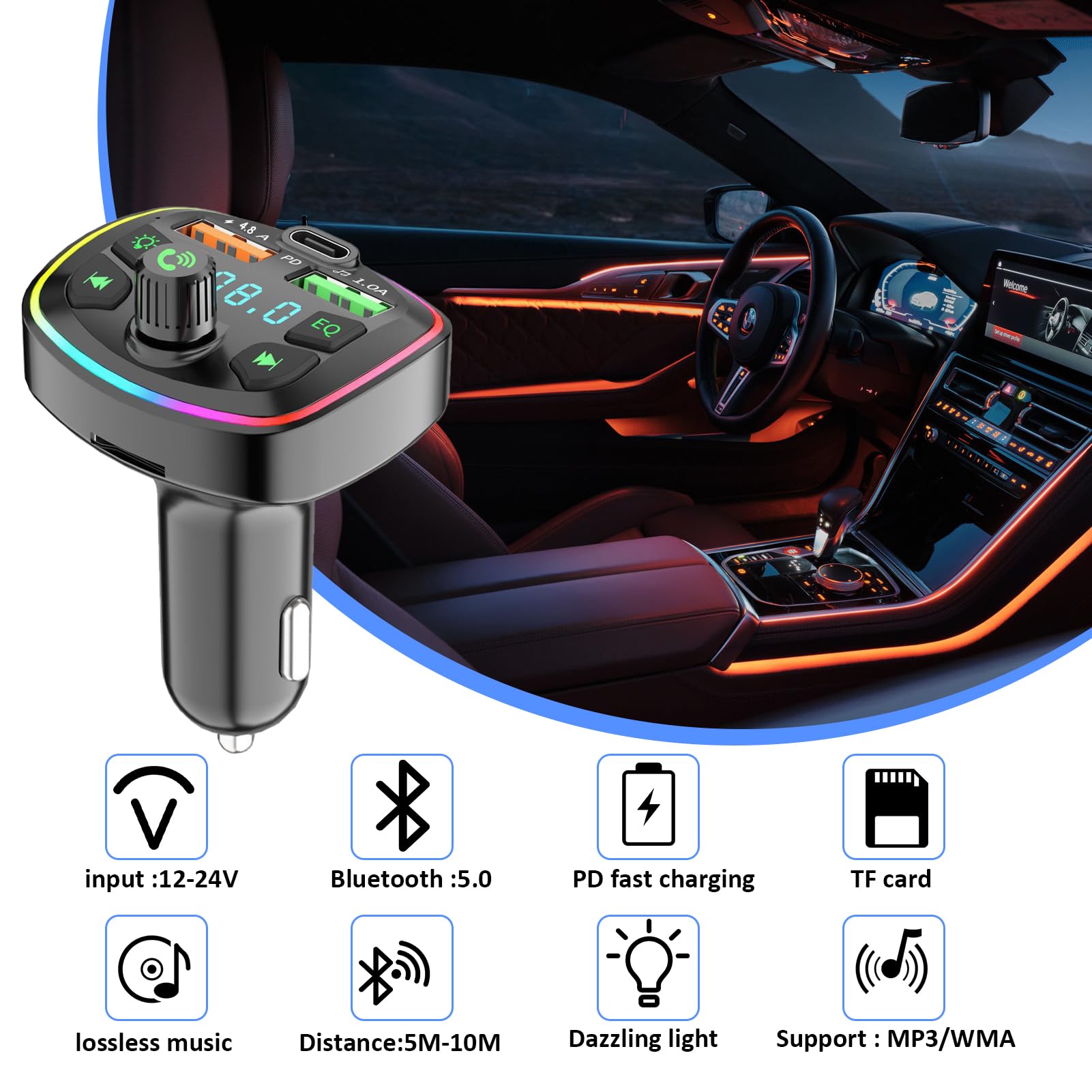 Transmetteur FM Bluetooth Voiture – Charge Rapide USB-C 18W, Appels Mains Libres, Lecteur MP3/USB/TF | Éclairage RGB, Compatible 12-24V - 5