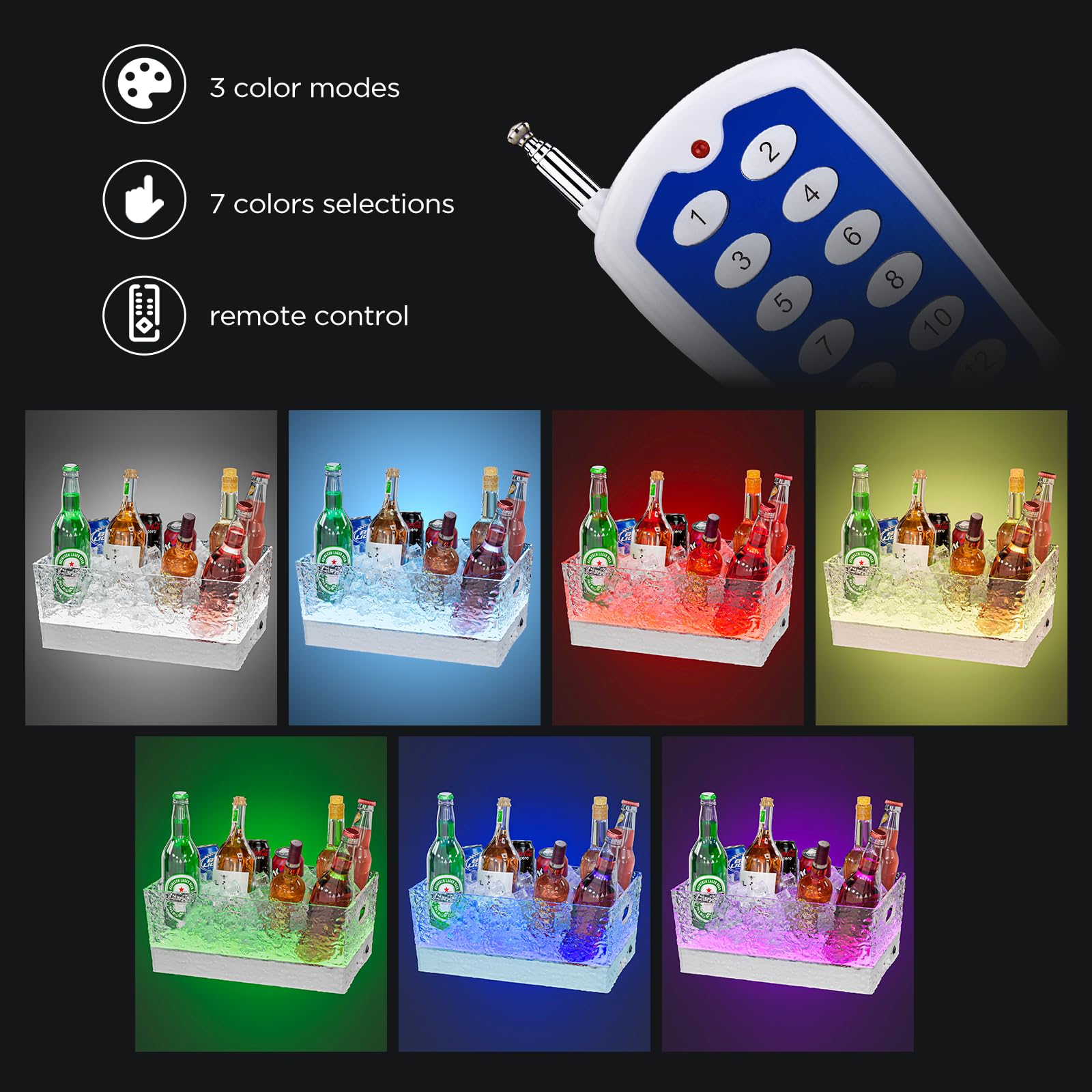 Cubitera de plástico para bebidas para fiestas, 15 litros/4 galones, grande, transparente, para champán, cerveza, bebida, vino, cócteles, 7 modos de luz LED, a prueba de fugas
