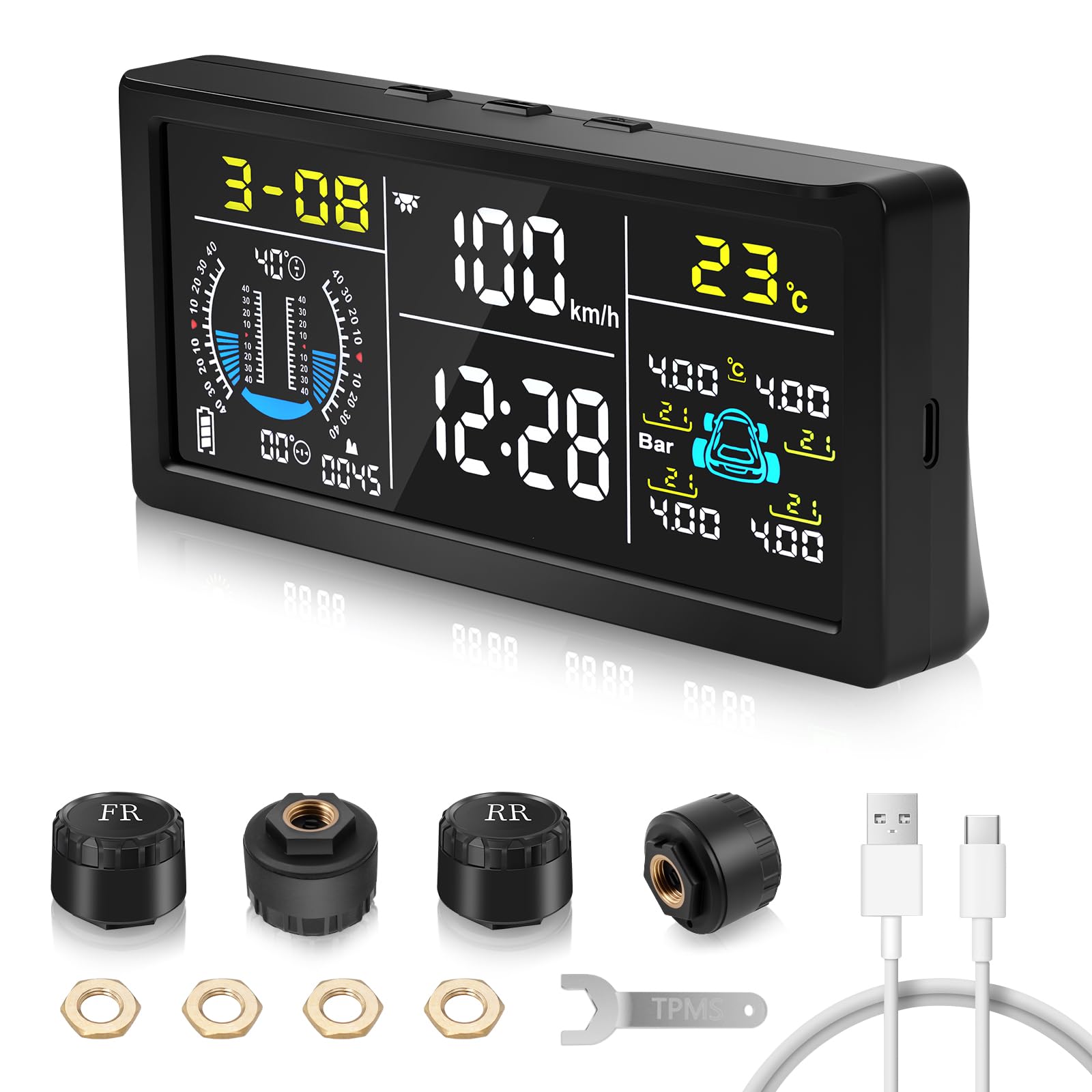 TPMS Reifendruckkontrollsystem 0–199 psi mit 4 Drahtlose Sensoren | TPMS mit Anzeige von Steigung, Geschwindigkeit, Höhe, Zeit,6 Alarmmodi, Solarbetriebenes Drahtloses Reifendruckkontrollsystem