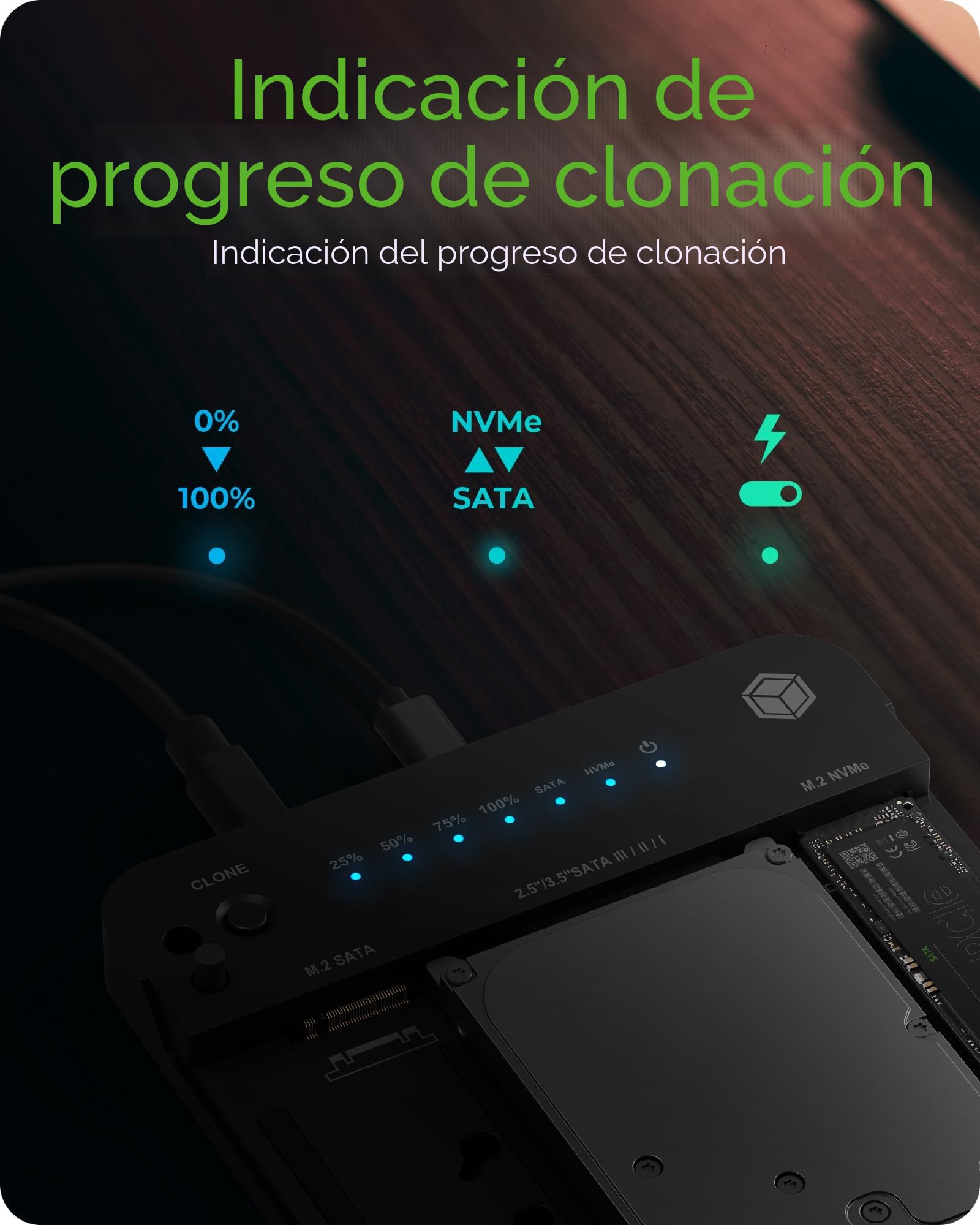 Icy Box HDD/M.2 NVMe SSD Docking Station USB 3.2 Gen 2 (10 Gbps), estación de clonación y Lector de Discos Duros (SATA 2,5/3,5 Pulgadas y M.2 NVMe/SATA SSD), clonación bidireccional, USB-C y USB-A,