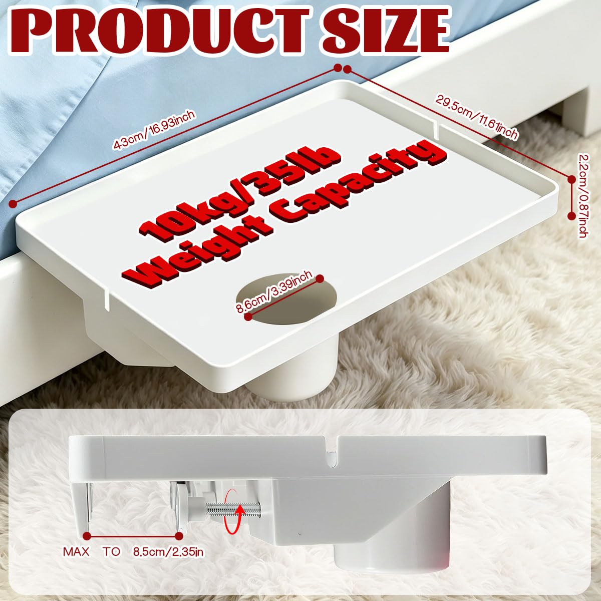 Table De Chevet Suspendue pour Lit Grande Table De Nuit Fixe sur Cadre 43x29,5 Cm avec Support De Verre Et Passe-Câbles Plateau Lit pour Smartphone Blanc