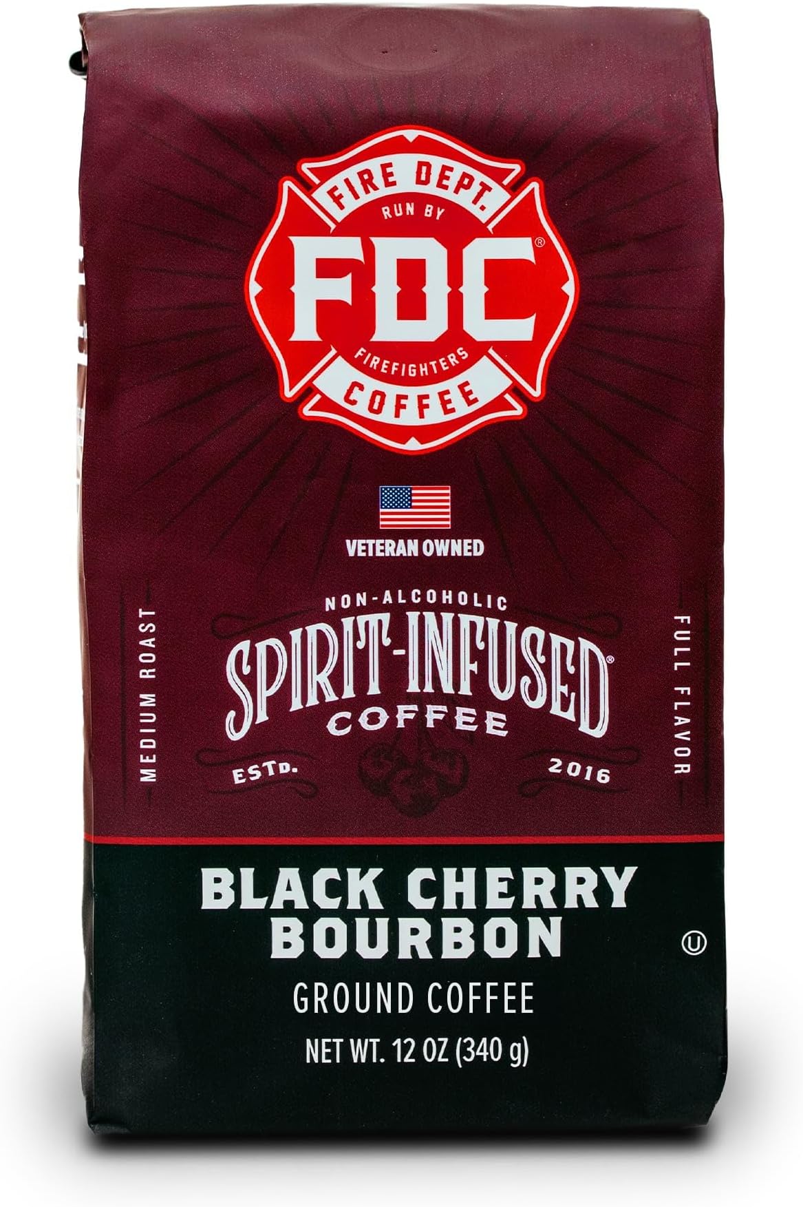 Fire Department Coffee - Black Cherry Bourbon Coffee - Gives Back to Firefighters - Premium Bourbon Infused Ground Coffee - Medium Roast - Non-Alcoholic - Roasted in the USA - Veteran Owned - 12 oz