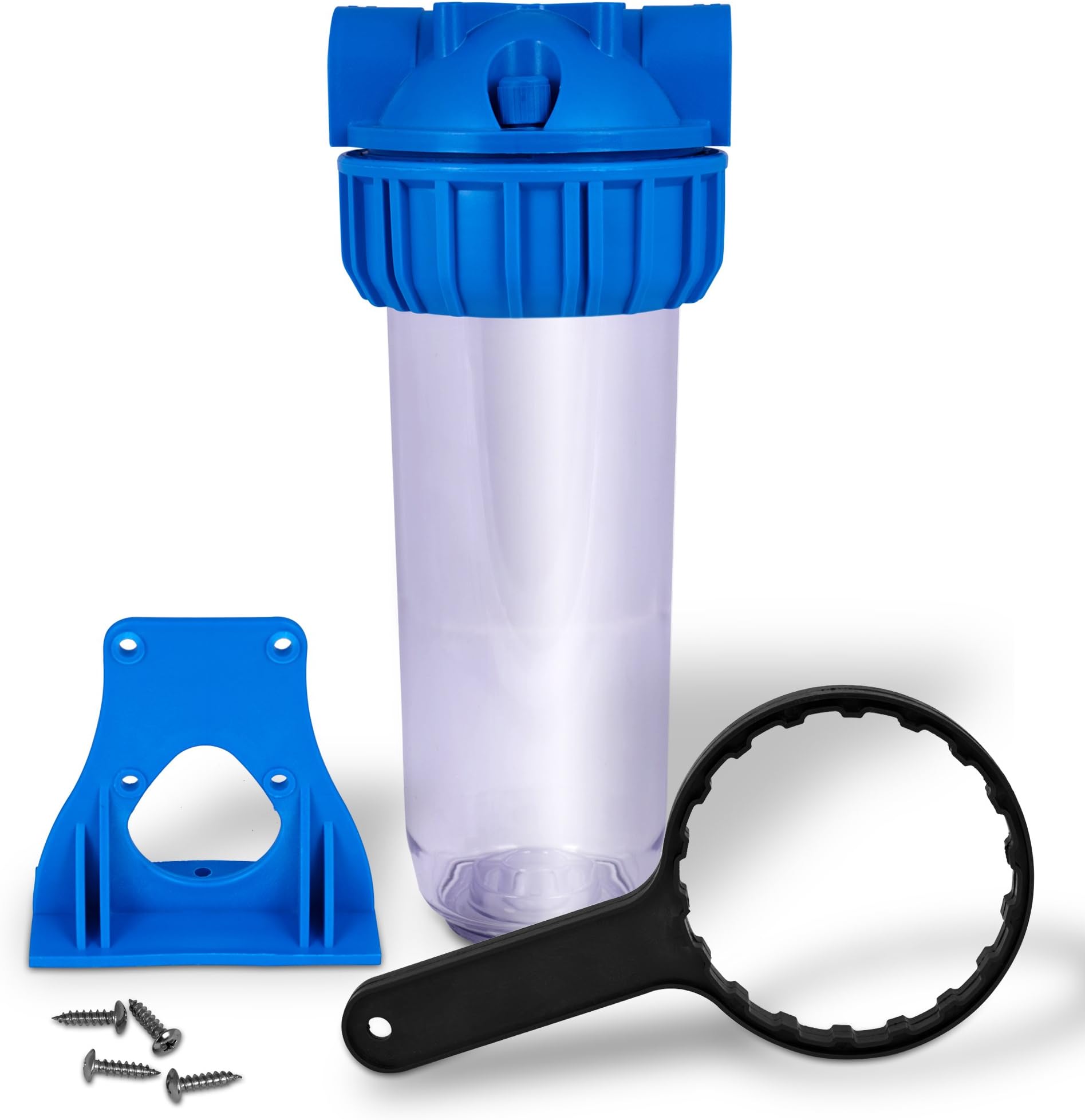 10 inch Transparent Standard Water Filter Housing, Presser Relief Button, 3/4” Inlet/Outlet Brass Port, Accepts Standard 10”x 2.5” Cartridges, 3/4” Brass Port, Mounting Hardware Included (1 set)