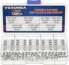 7 Values 100 Pcs Christmas Light Fuses Kit 3A 5A 7A 8A 125V 5x20mm Max Fuse 2.5 3 5 Amp 125 Volt 3.6x10mm Mini Glass Round Tube Fusibles Replacement Fan C7 C9 Bulb String