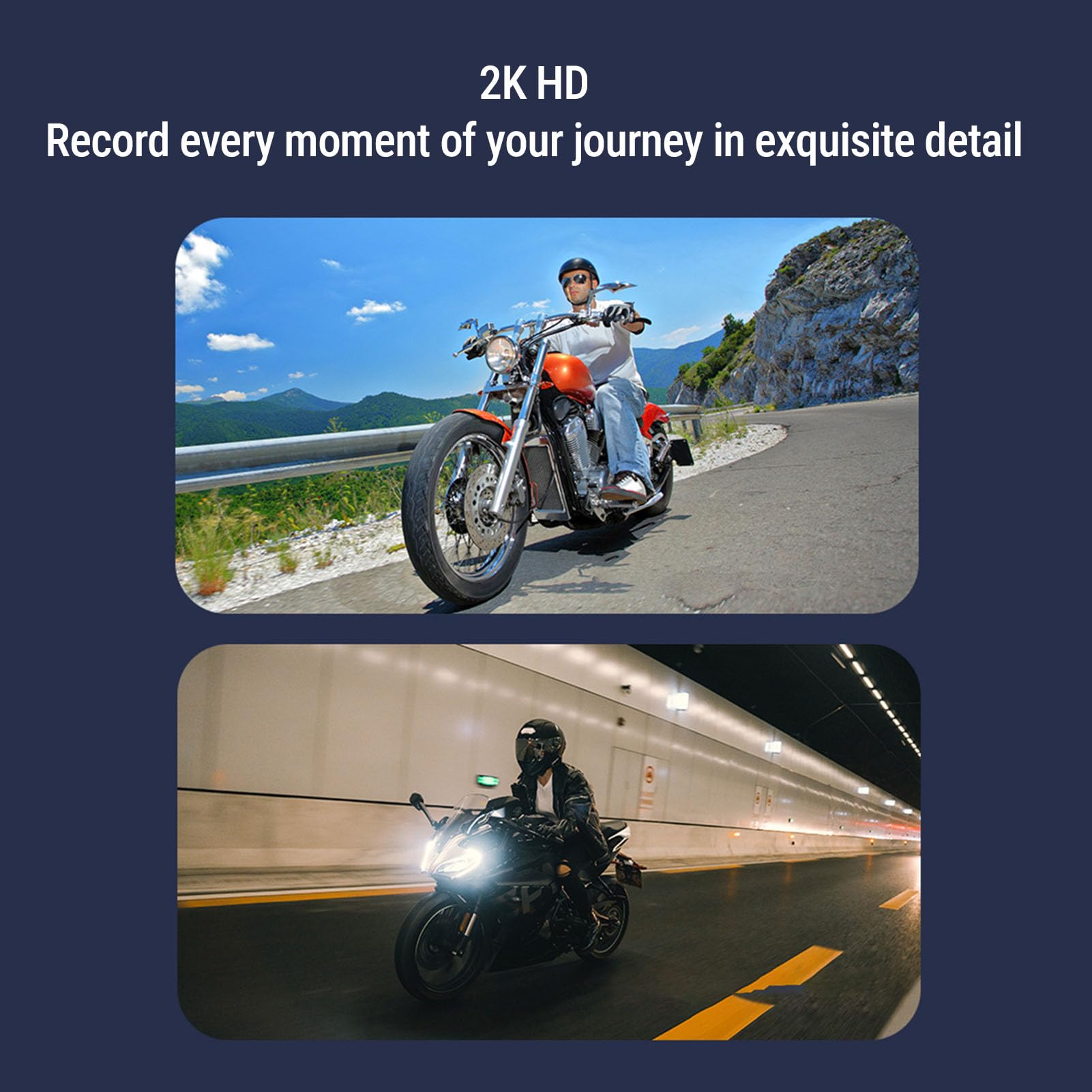 Kamera Samochodowa Motocykla WiFi, Wodoodporny Rejestrator Wideo Jazdy Motocyklem 2K Ultra HD IP65 z 3 Wspornikami, Obsługa 128 GB (karta SD Nie Jest dołączona)