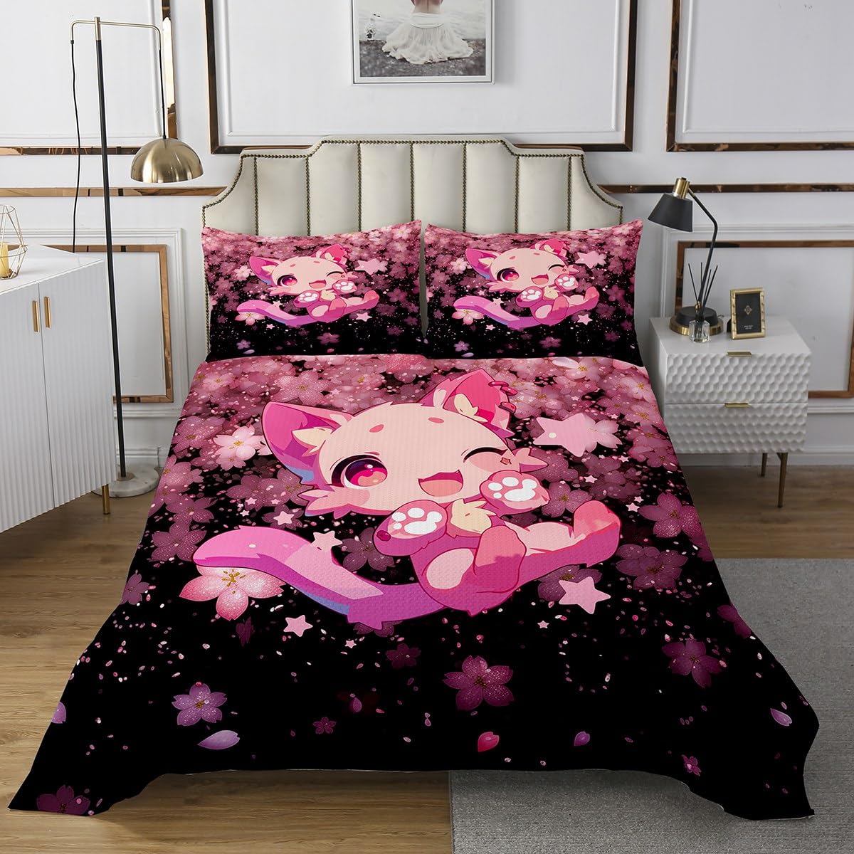 Erosebridal Kawaii Wildlife Quilt Set Twin Size Cherry Blossoms Bedspread Set for Kids Girls Boys Cartoon Animal Bedroom Decor Fantasy Flowers Coverlet Set Dreamy Pink Black Bed Set