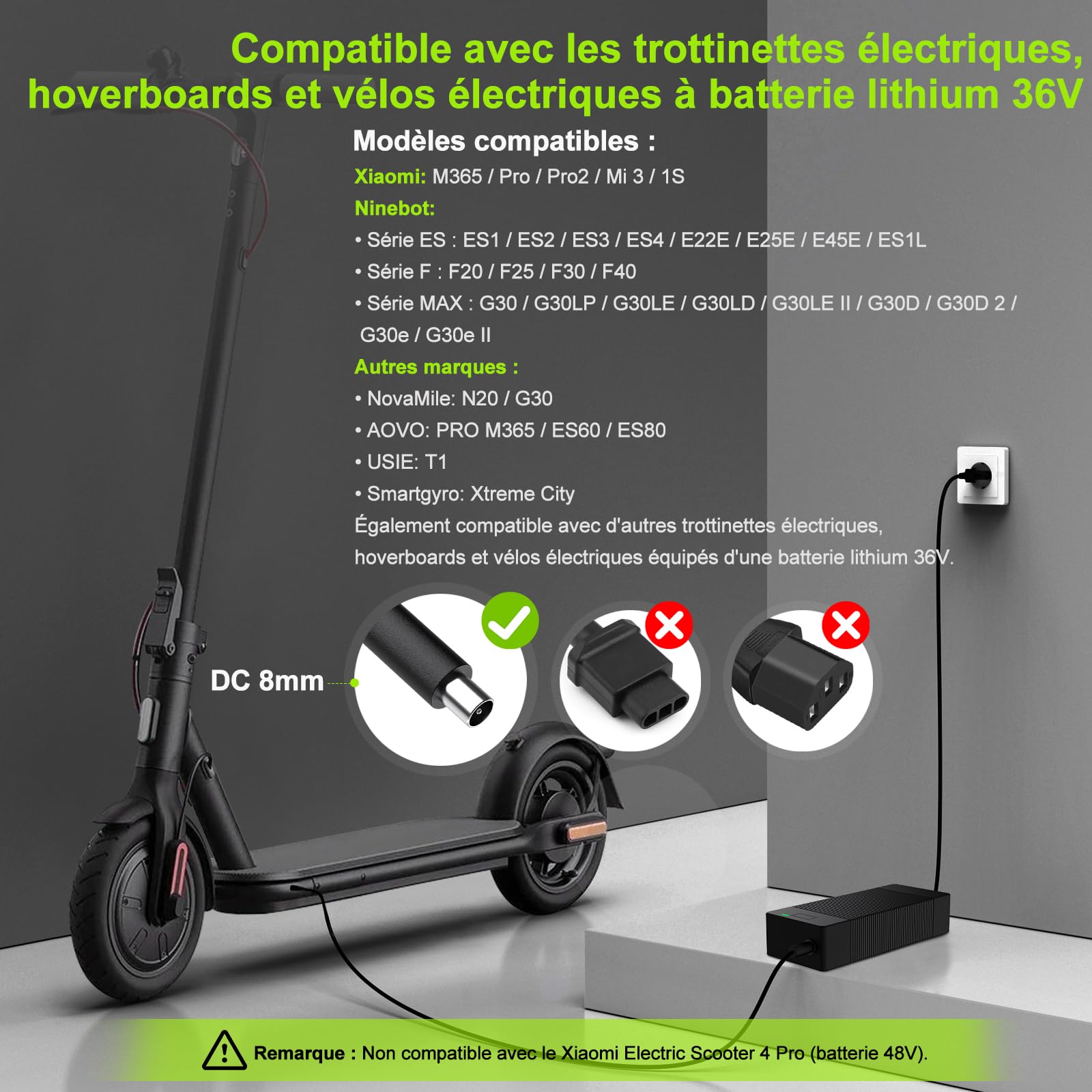 Chargeur trotinette Electrique 42V2A xiaomi Chargeur Trottinette pour ninebot pour Xiaomi M365, Pro, Pro2, Mi 3, 1S, Ninebot E/F/G Series 84 W, Prise DC-8 mm