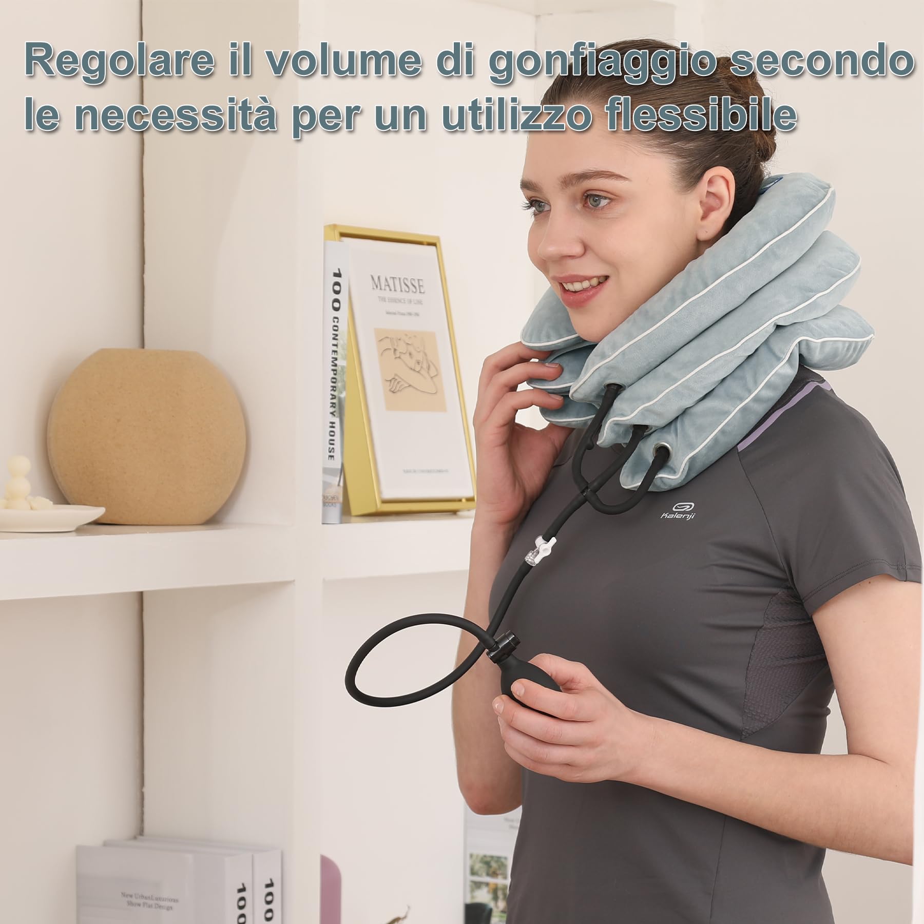 EVERCRYO Dispositivo di trazione cervicale del collo, estensore gonfiabile per collo, cuscino di trazione collare cervicale, decompressione del collo (Grigio)
