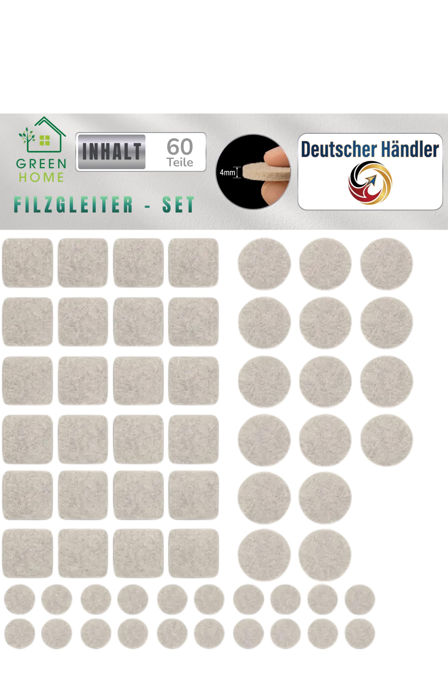 Green Home | Filzgleiter Selbstklebend | 60 Stück | Filzgleiter für Stühle | Möbelgleiter Filz Selbstklebend beige | 4 mm Dicke | Ideale Klebkraft | Für Möbel