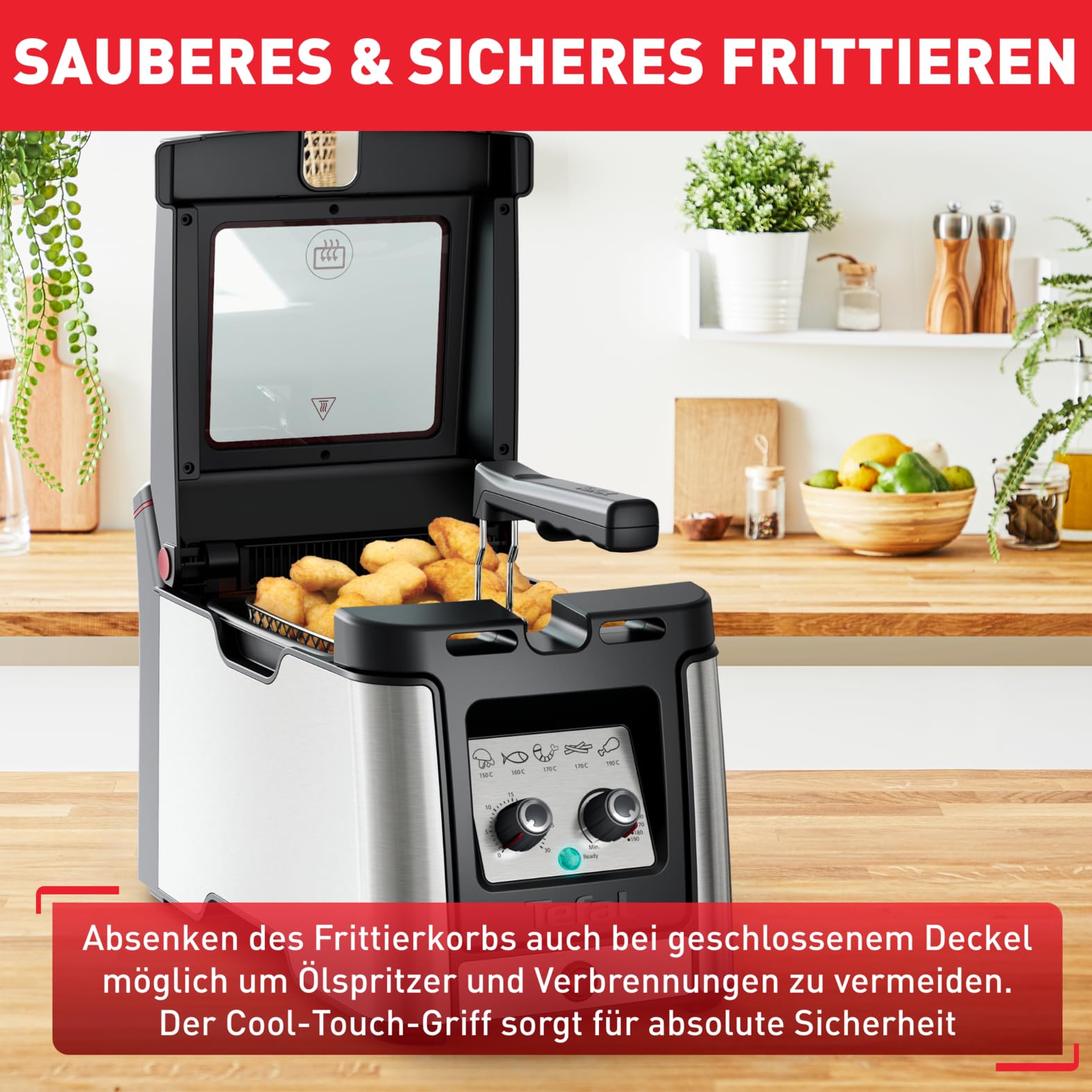 Tefal Clear Duo Fritteuse, frittieren mit weniger Rauch/Gerüchen, Kapazität 1,2 Kg, Thermostat, Timer, großes Sichtfenster ohne Beschlagen, spülmaschinenfest, schwarz, Edelstahl, Friteuse FR600D