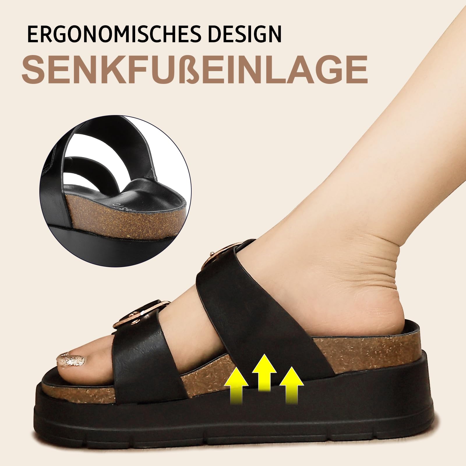 Plattform Sandalen Damen Mit Verstellbare Rieme Schnalle, Dicke Sohlen Pantoletten Mit Kork Fussbett, Plateau Strand Schuhe, Sommer Hausschuhe Leicht, Komfort Schlappen Rutschfest