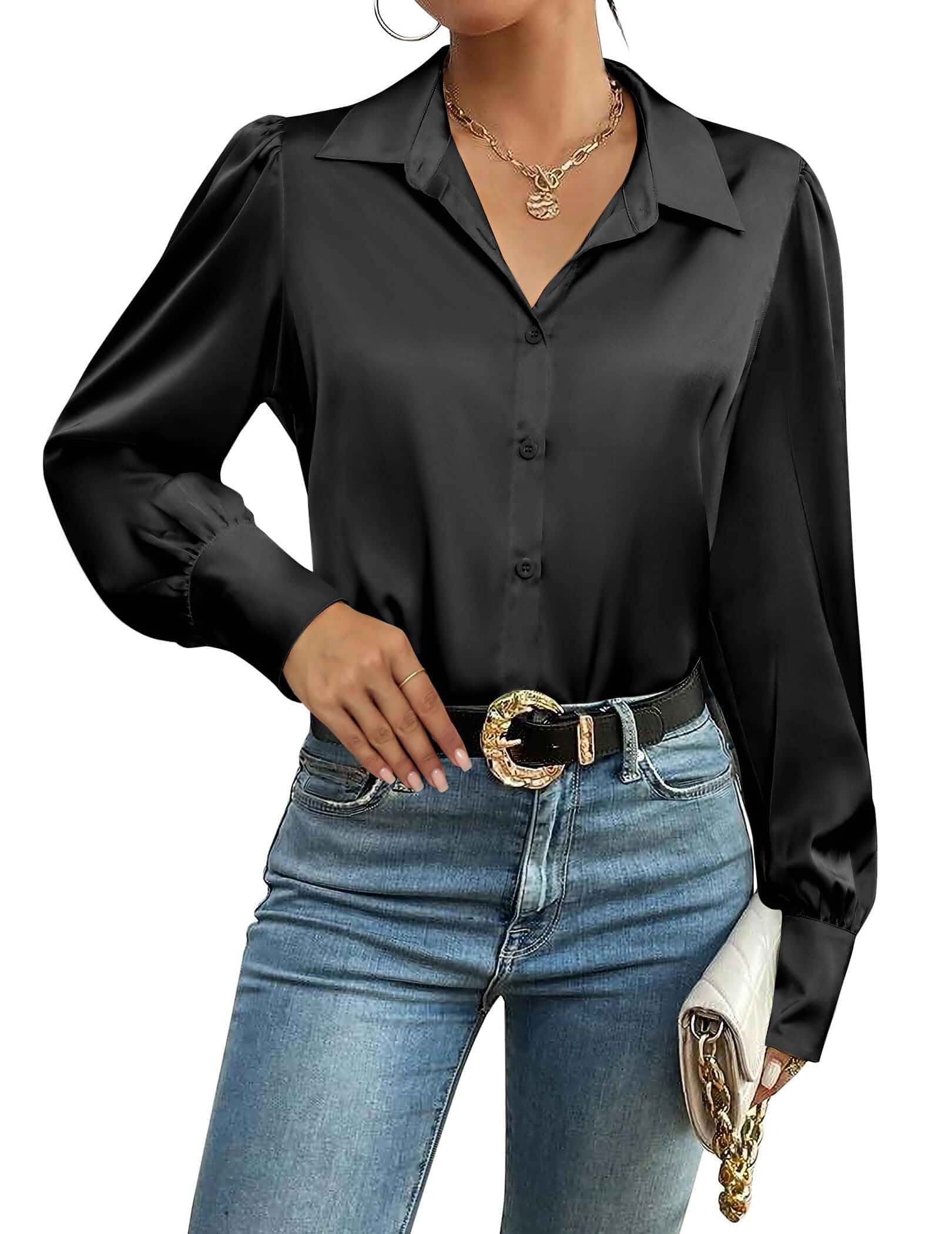Zeagoo Womens Satin Blouse Lantern Long Sleeve Silk Button Down Shirt Dressy Casual Business Work Tunic Tops Loose Fit