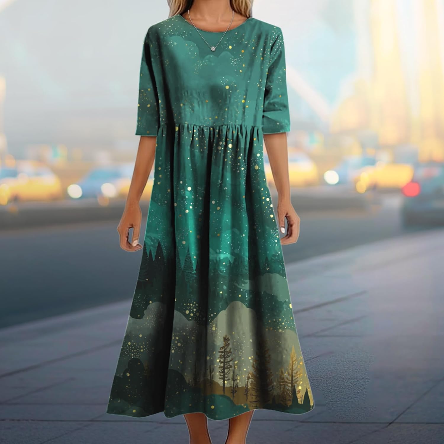 Summer Casual Bohemian Floral Dresses for Women Crewneck Short Sleeve Long Maxi Dress with Pockets