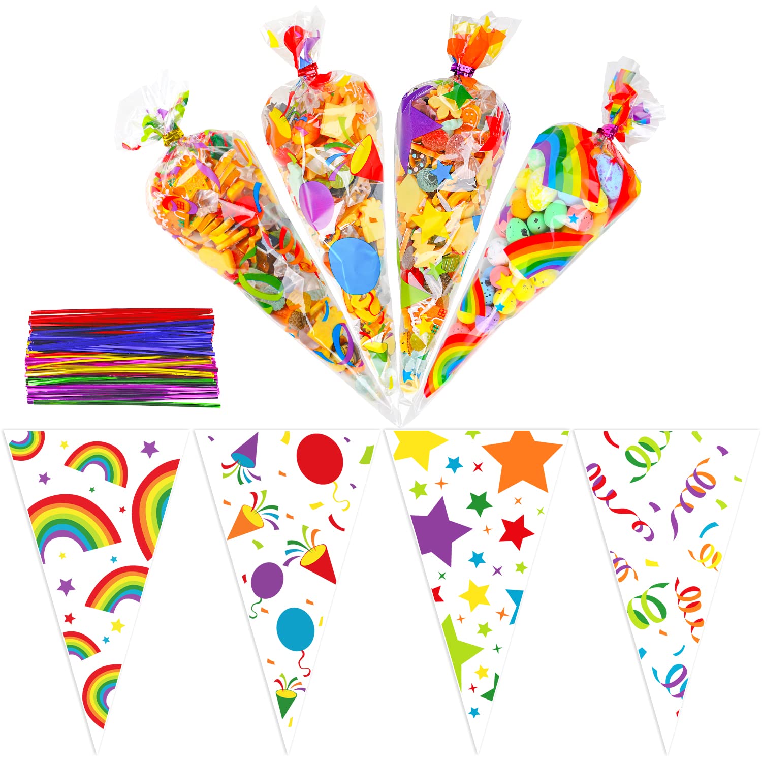 VEYLIN,120 Pieces Rainbow Clear Cone Bags, 17 x 30cm Large Size Rainbow Cellophane Sweets Cone Bags With Twist Ties For Party,Birthday,Party Favor Supplies