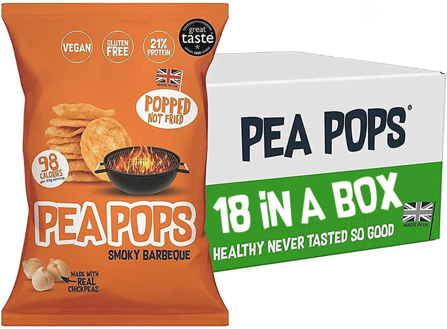 Food Factor Pea Pops Healthy Protein Chips - Delicious Chikpea Crisps 21% Protein Less Fat, Low Calorie, Gluten Free, Vegan Protein Snacks, Popped (Not Fried) 23g (Smokey BBQ, Pack of 18)