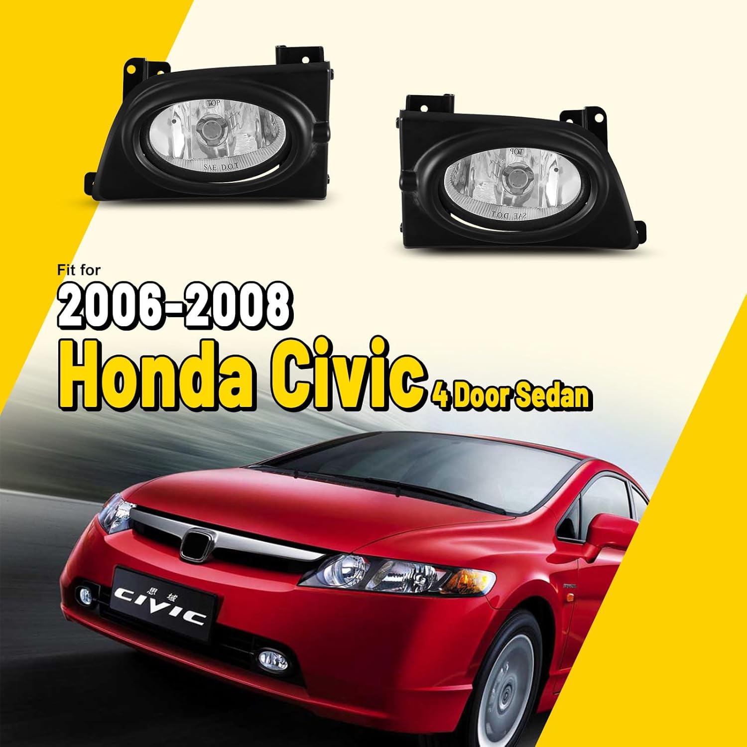 Fog Lights for Honda Civic Sedan 4 Door 2006 2007 2008 with H11 12V55W Bulbs Fog Lamps Assembly Replacement Included Wiring Kits & Switch- 1 Pair (Clear Glass Lens)