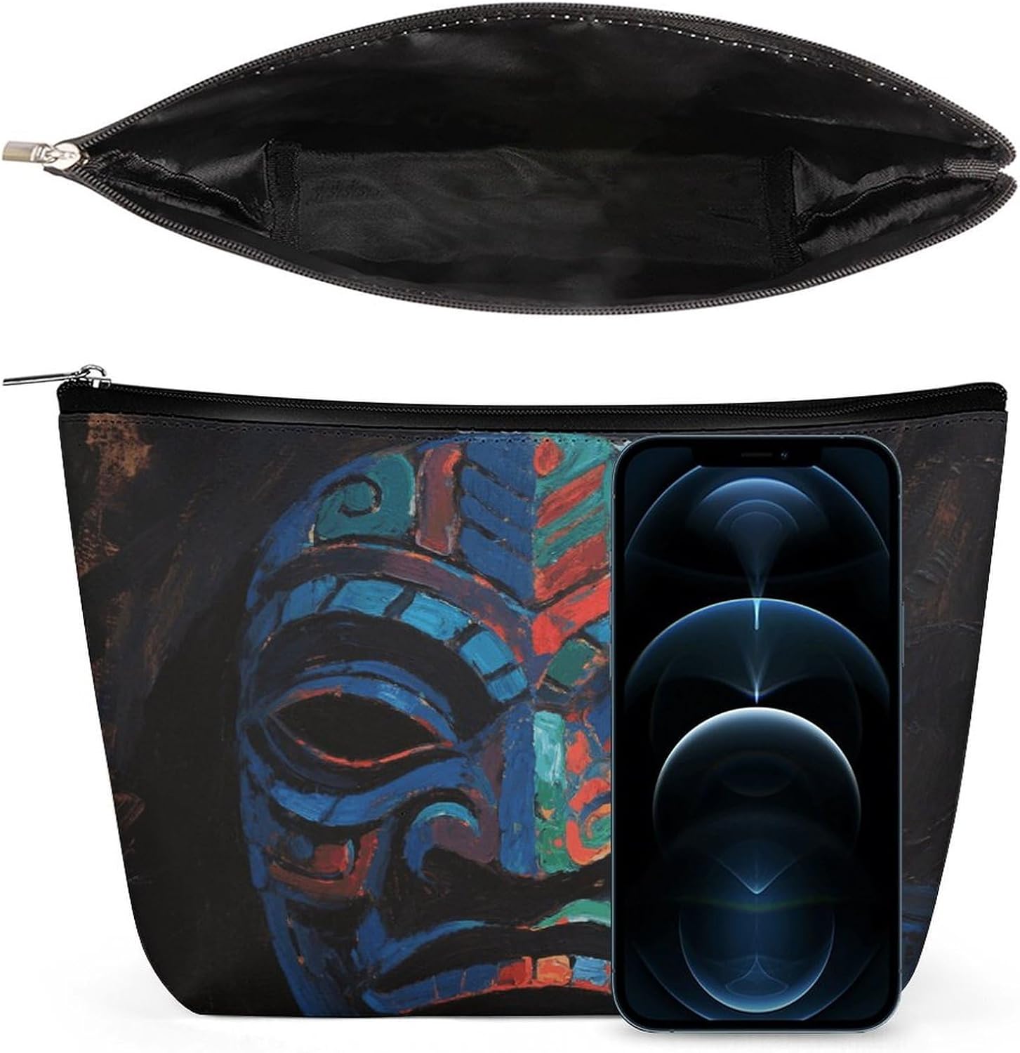 Colorful Tiki Mask Pattern Cosmetic Bag for Women Small Cute Makeup Bag for Purse Waterproof Pu Leather Mini Makeup Pouch Aesthetic Portable Fabric Mini Zipper Pouch for Travel image 3